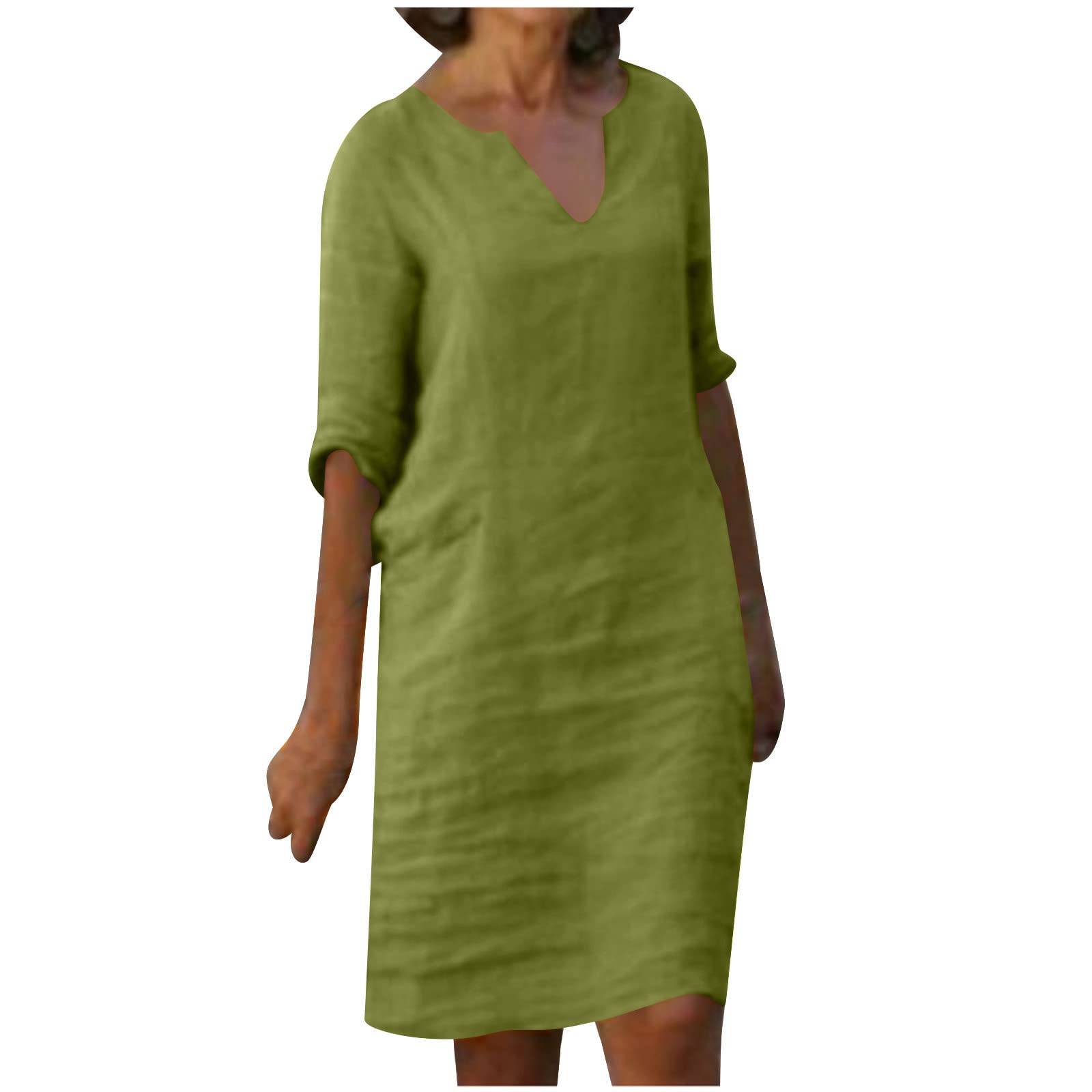 TIMIFIS Women's Cotton Linen Summer Dress - Casual Short Sleeve V-Neck Midi Sundress for Beach, Vacation & Everyday Wear | Breathable Solid Color Dresses for Women