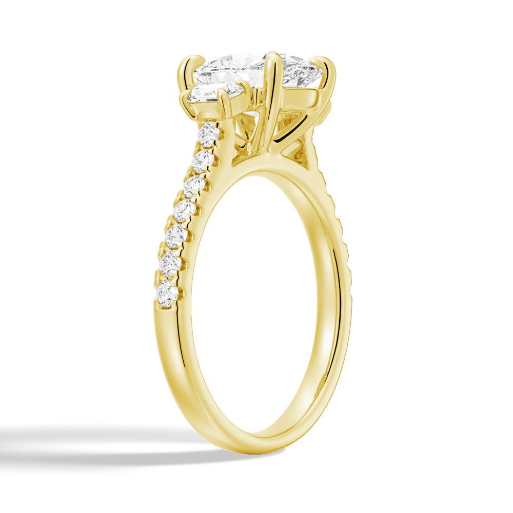 Three Stone Cushion & Half Moon Moissanite Engagement Ring with Pavé Band - Elegant Wedding Jewelry for Proposals, Anniversaries & Special Occasions