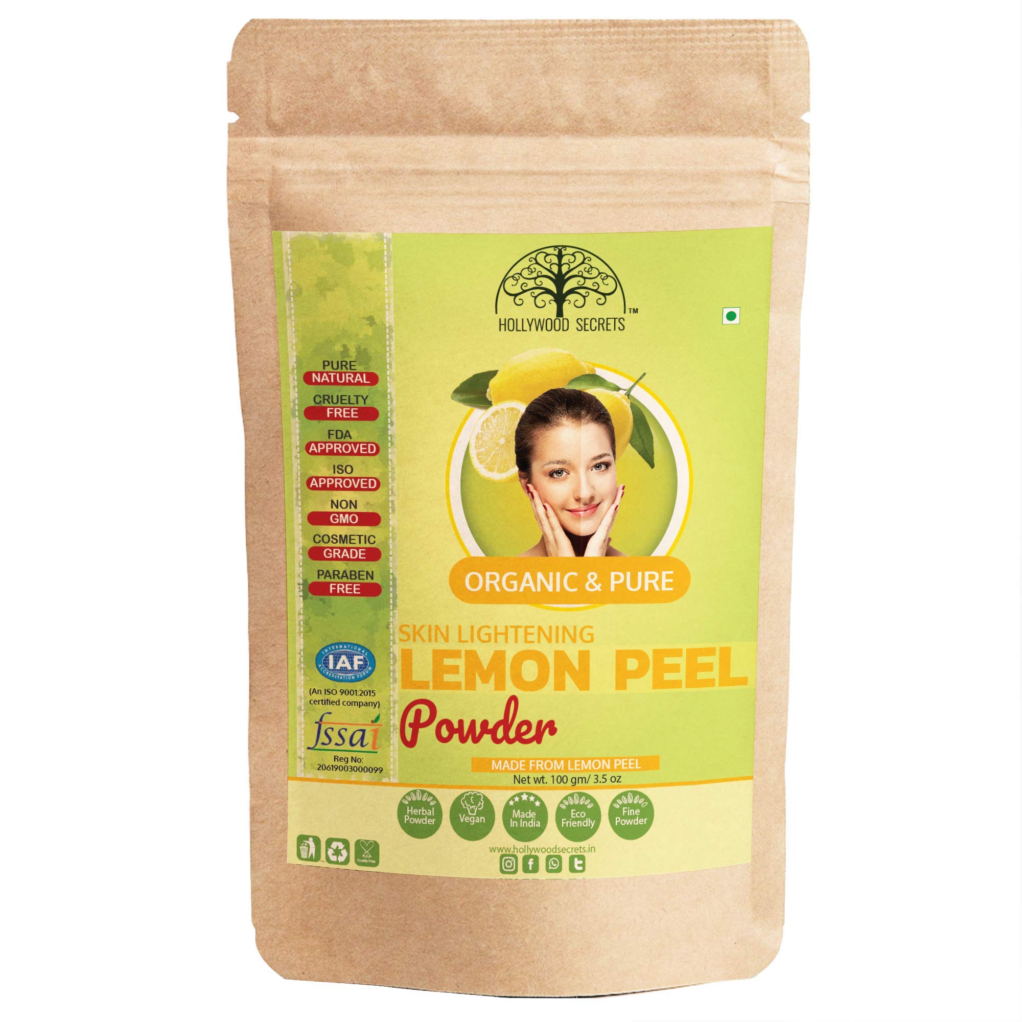 100% Organic Hollywood Secrets Herbal Lemon Peel Powder - Natural Skin Whitening & Brightening Face Mask (100g) | Perfect for Glowing Skin, Dark Spot Reduction & DIY Beauty Treatments