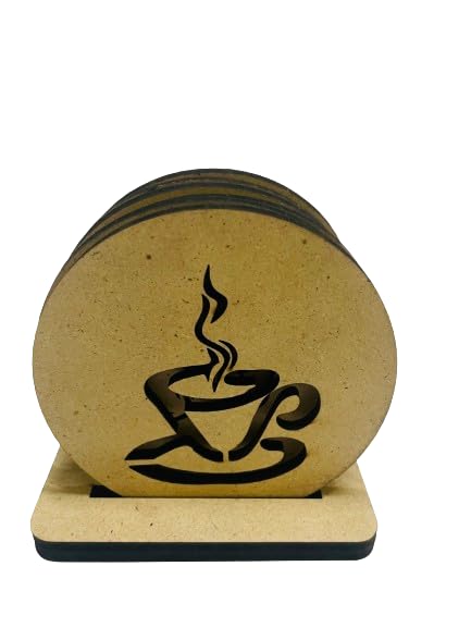 6-Piece Wooden Round Coaster Set with Decorative Holder - Absorbent Tabletop Coasters for Tea, Coffee, Mugs & Beer Cans - Rustic Indian Handicrafts for Home, Bar & Office Decor