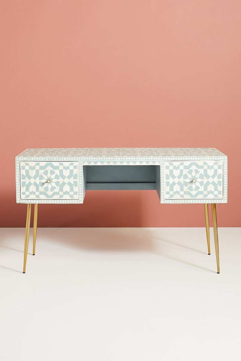 Handmade Moroccan Bone Inlay Work Desk in Sky Blue - Vintage Style Laptop Desk with 2 Drawers for Home Office & Study Room Decor