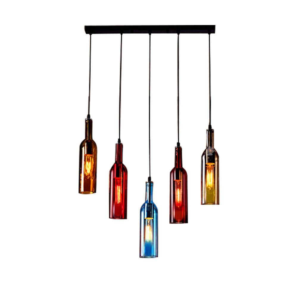 TFCFL 5-Light Industrial Ceiling Chandelier - Colorful Glass Wine Bottle Pendant Lamp with E27 Socket for Living Room, Dining Room, Restaurant, Bar & Club Decor - Vintage Staggered Rectangular Sucker Light Fixture for Home and Commercial Spaces