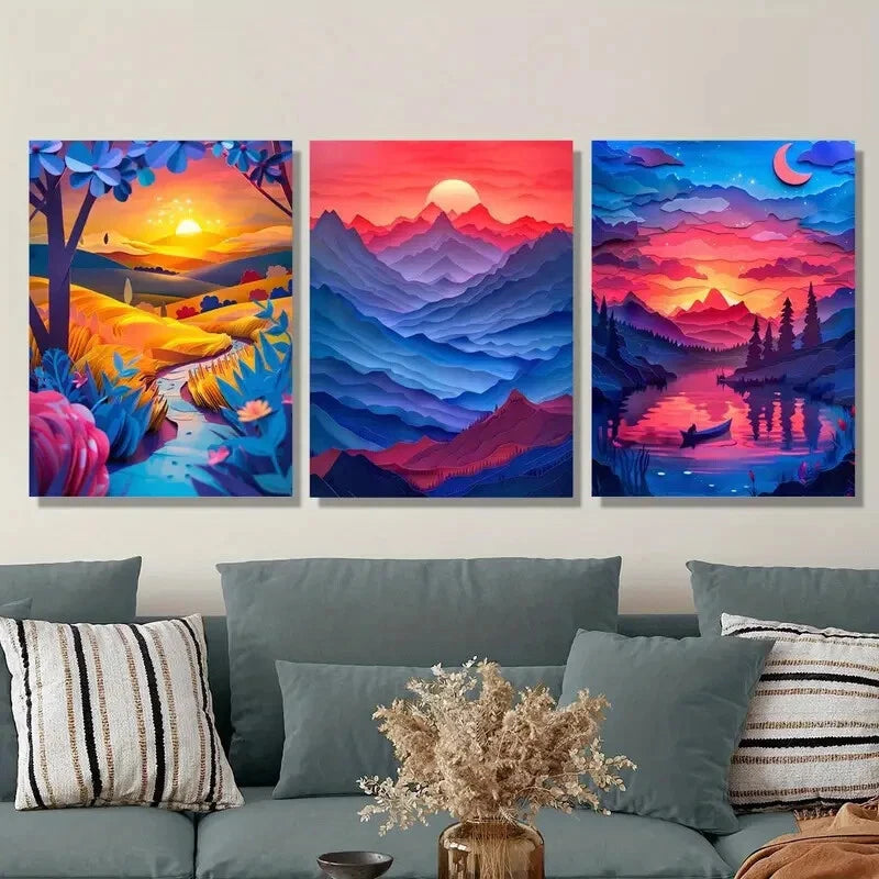3-Piece Rich Valley Sunset Landscape Metal Print Wall Art - Ready to Hang - Perfect for Living Room, Bedroom & Office Decor