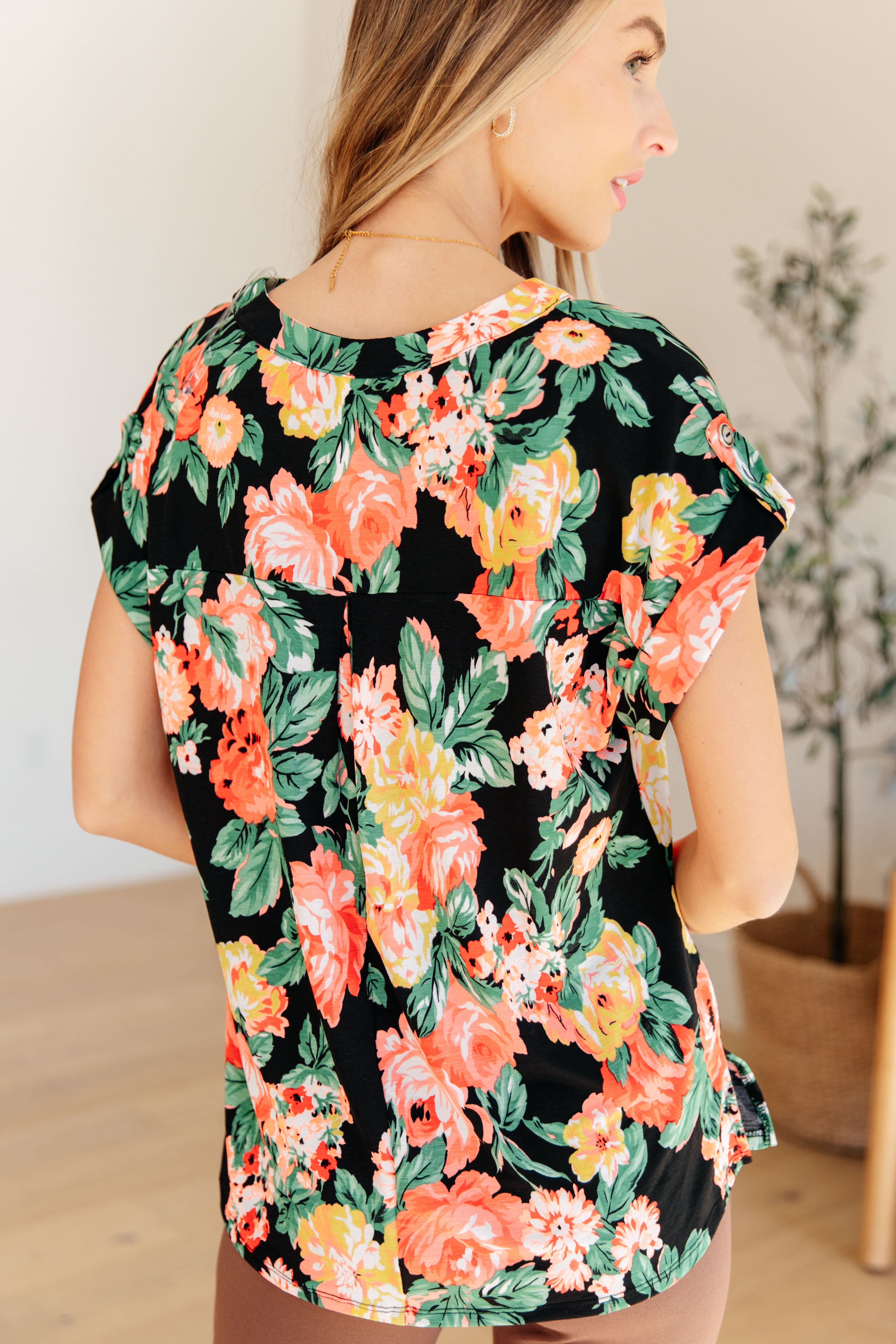 Lizzy Cap Sleeve Top - Black Garden Floral Print Women's Blouse | Perfect for Spring Outfits, Date Nights & Office Wear