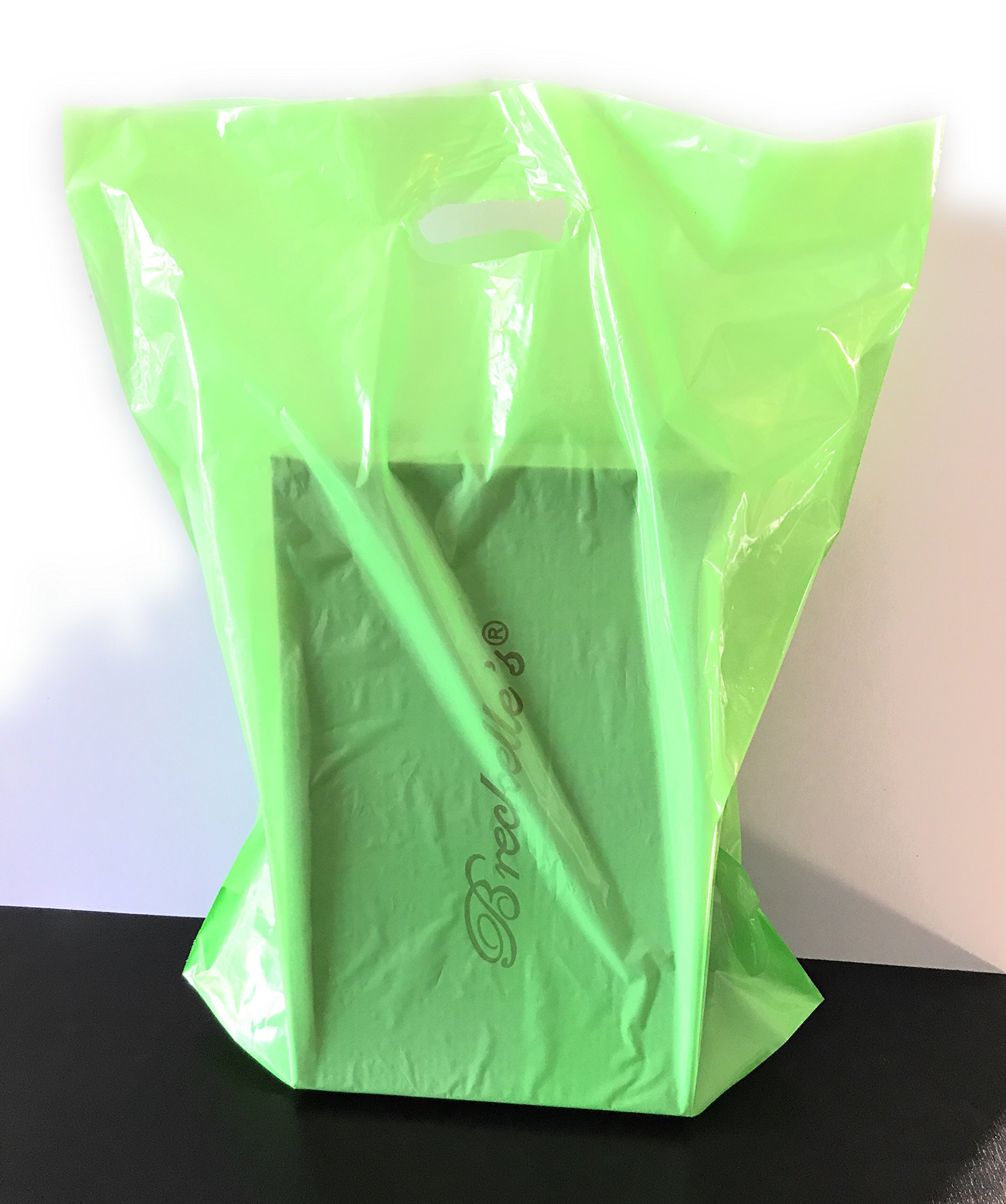 100 Green 15x18 Merchandise Bags with Die-Cut Handles & Gusset - Strong, Durable & Tear-Resistant Shopping Bags for Retail Stores, Boutiques & Events - Perfect for Gift Packaging, Promotional Giveaways & Trade Shows