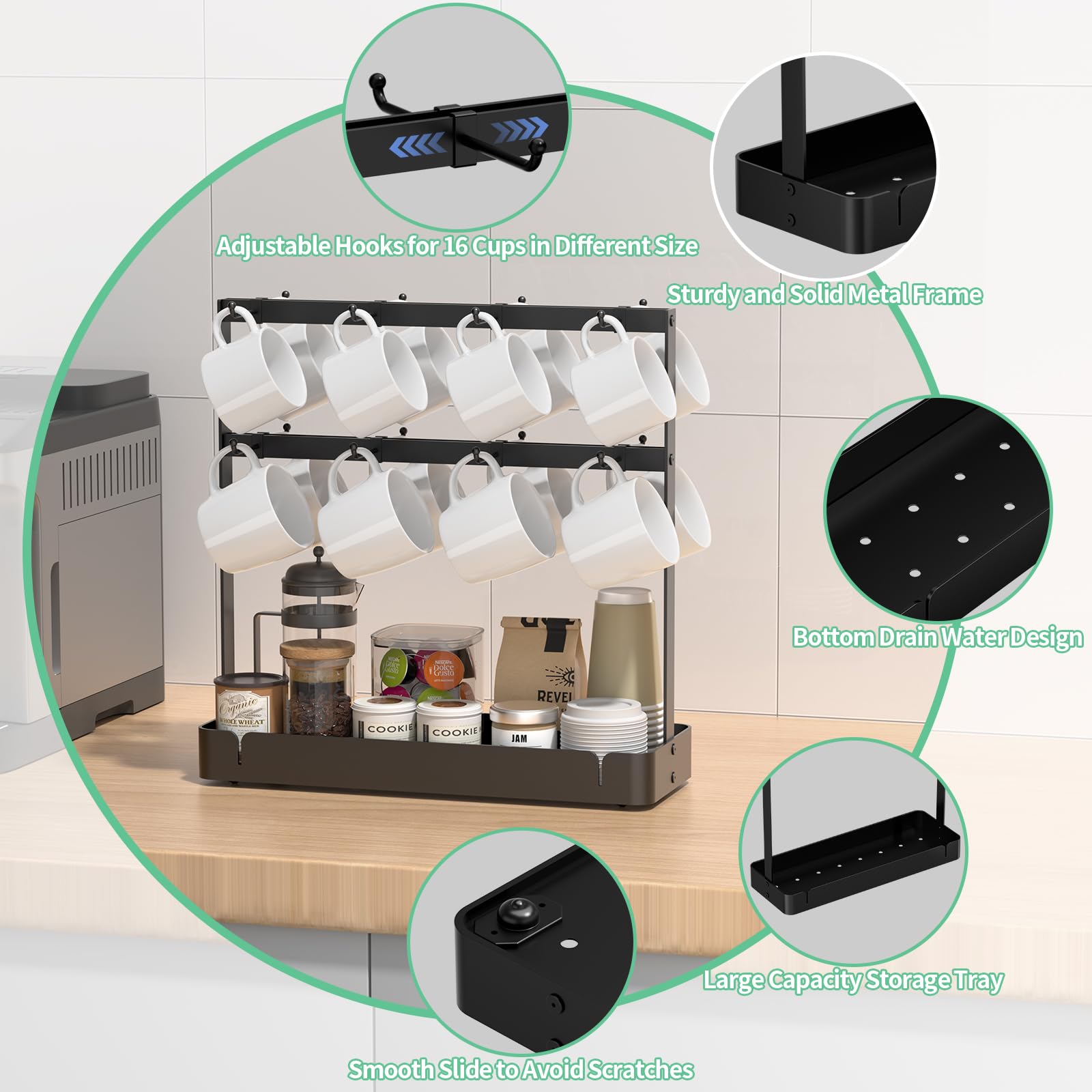 16-Hook Adjustable Metal Coffee Mug Holder - 2-Tier Countertop Cup Rack with Storage Shelf for Kitchen & Office - Perfect for Organizing Mugs, Cups, and Small Kitchen Accessories