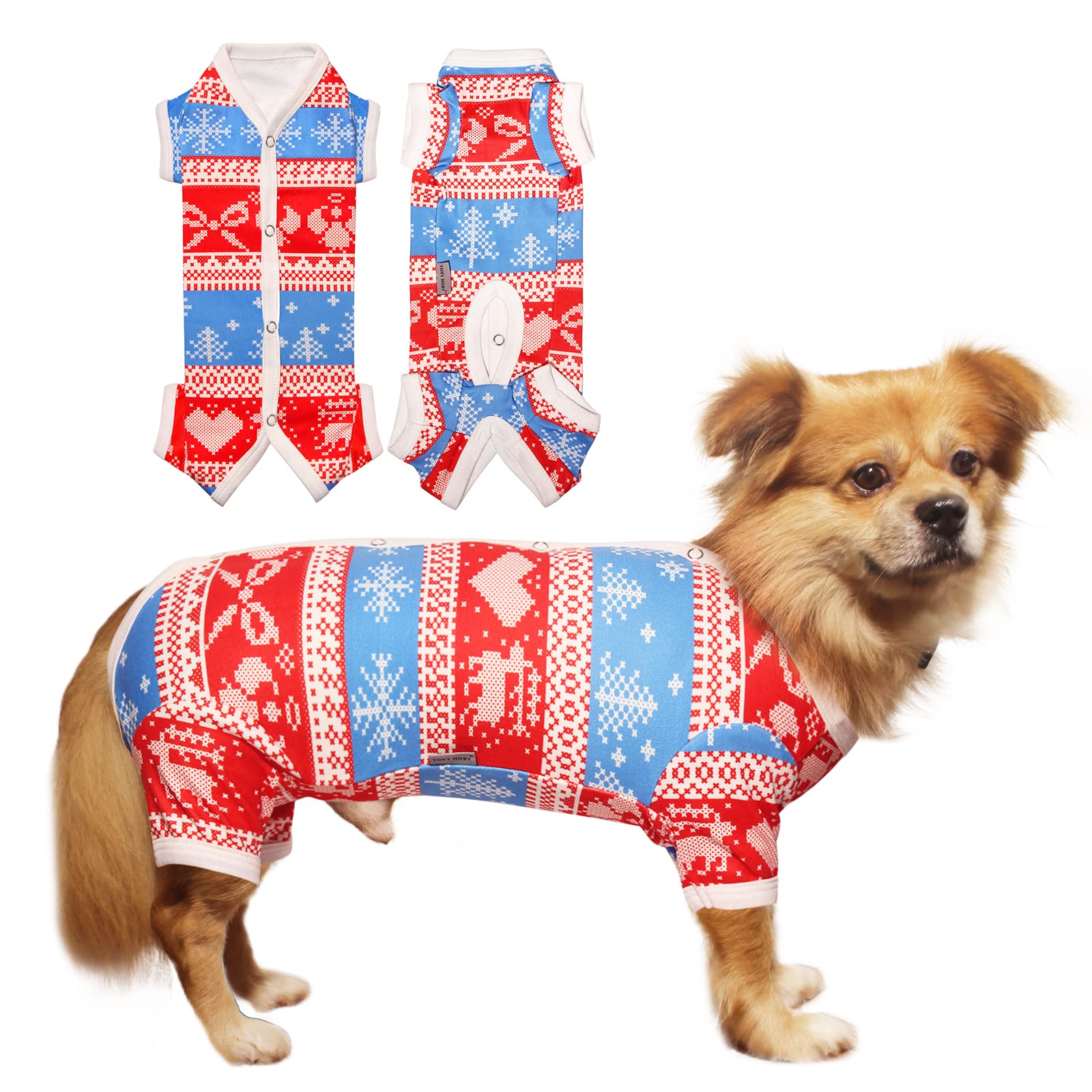 TONY HOBY Dog Pajamas - Warm Fleece Dog Jumpsuit with Snowflake Pattern for Small & Medium Dogs (Red & White, Boys, Size S) - Cozy Winter Outfit for Indoor & Outdoor Pet Comfort