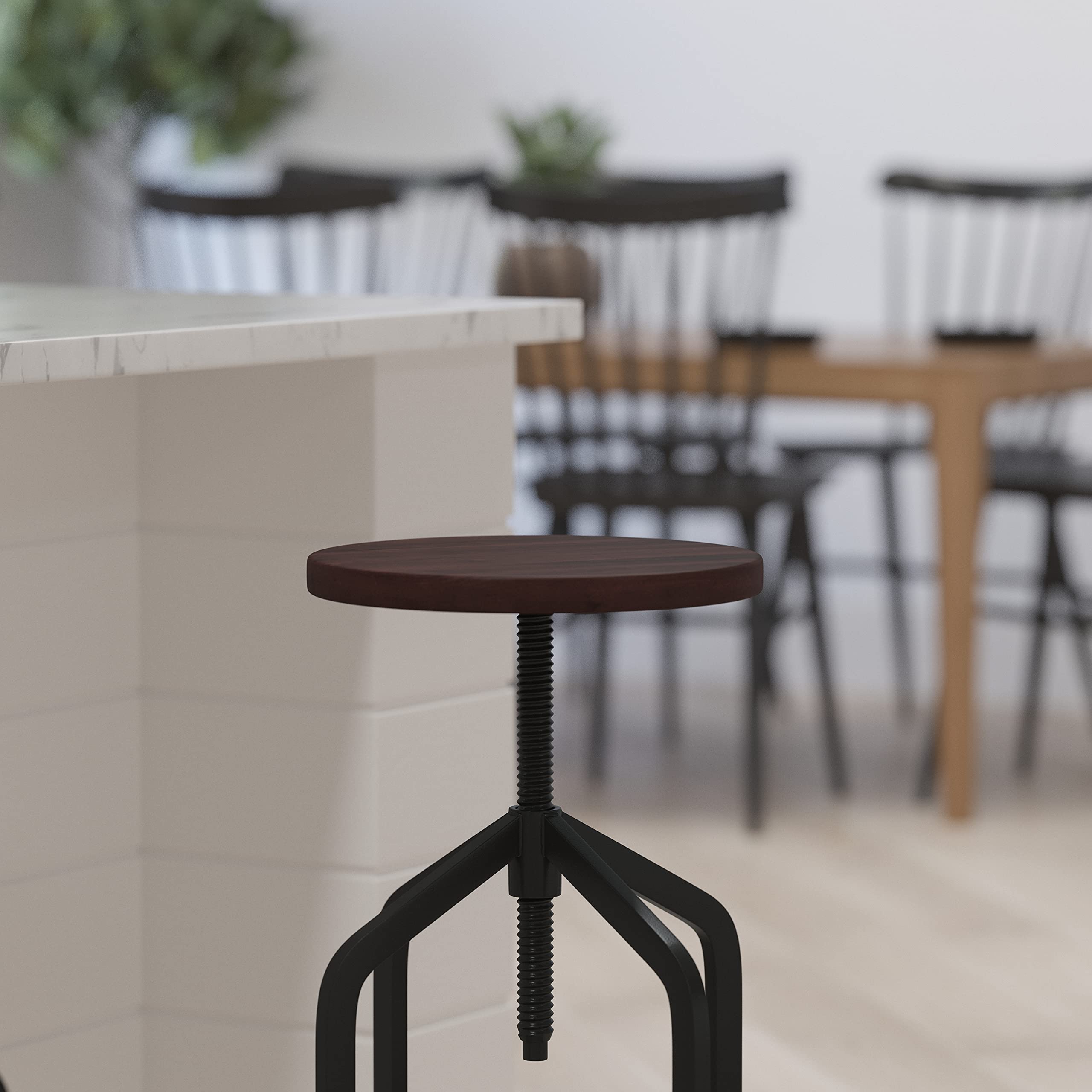 Merrick Lane Bergen Black Metal Bar Stool - Wood Grain Counter Stool - Backless Kitchen Stool for Dining, Breakfast Nook & Home Bar - Adjustable Height Modern Bar Chair