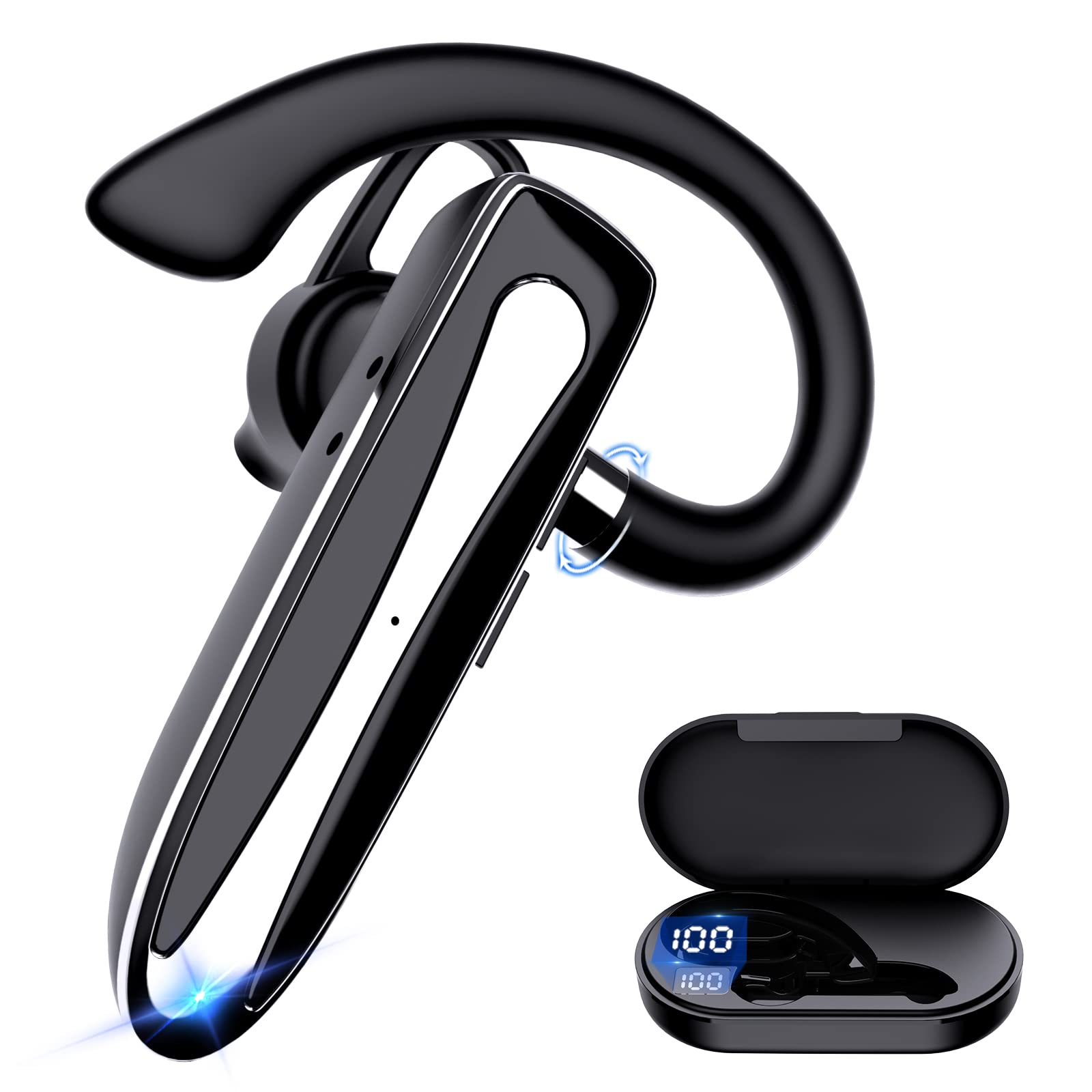 Wireless Bluetooth Headset with Microphone - Hands-Free Earpiece for iPhone & Android - Noise Cancelling for Driving, Truckers, Office & Calls (Includes Carrying Case)
