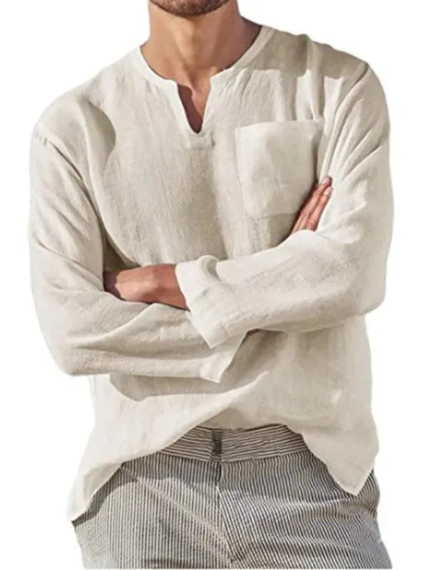 Men's V-Neck Linen Shirt - Breathable Summer Casual Top for Beach, Travel & Office Wear
