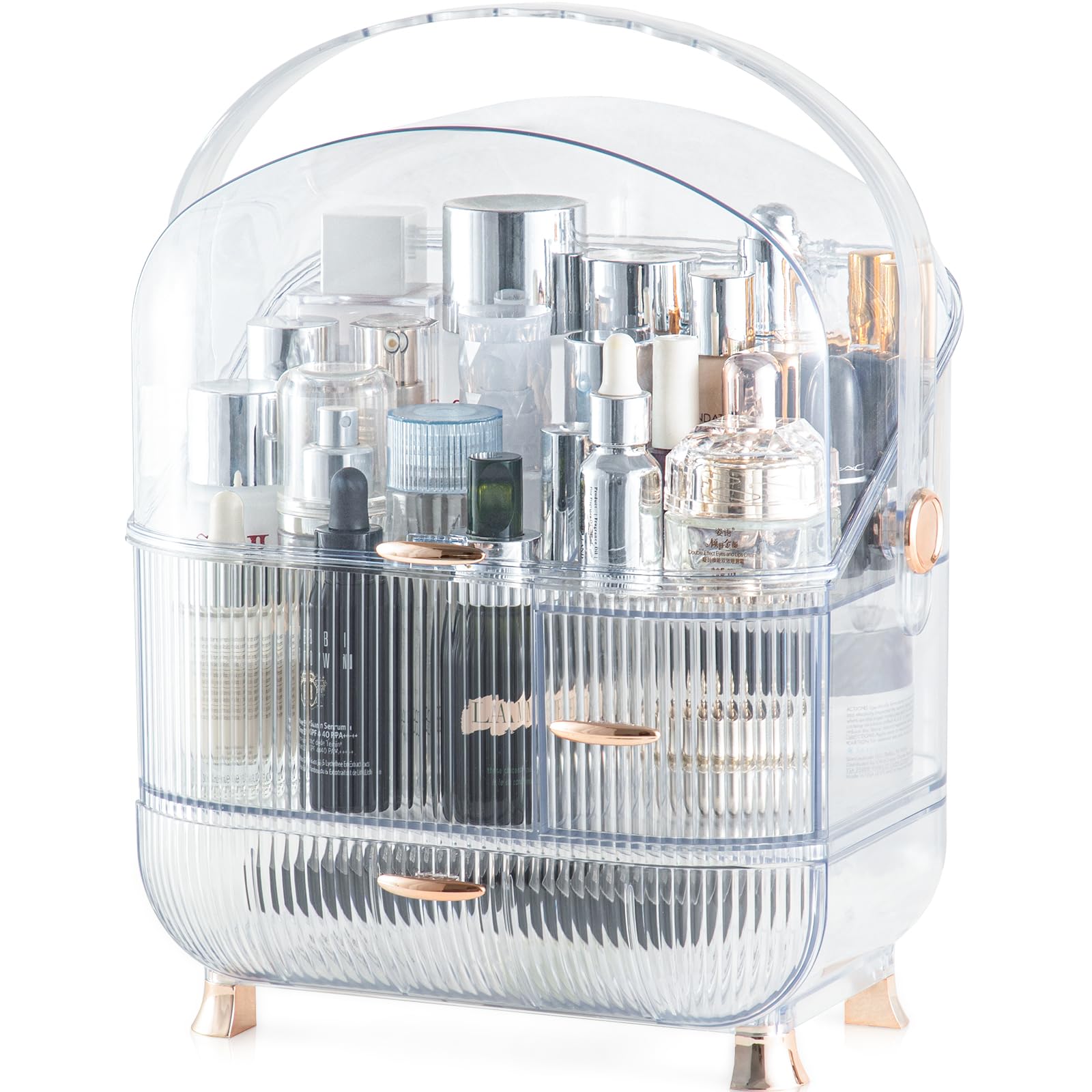 CANITORON 3-Layer Clear Egg Shape Makeup Organizer with Golden Drawer Handle - Large Capacity Cosmetic Storage Box for Vanity | Perfect for Skincare Products, Makeup Brushes & Beauty Essentials in Bedroom or Bathroom