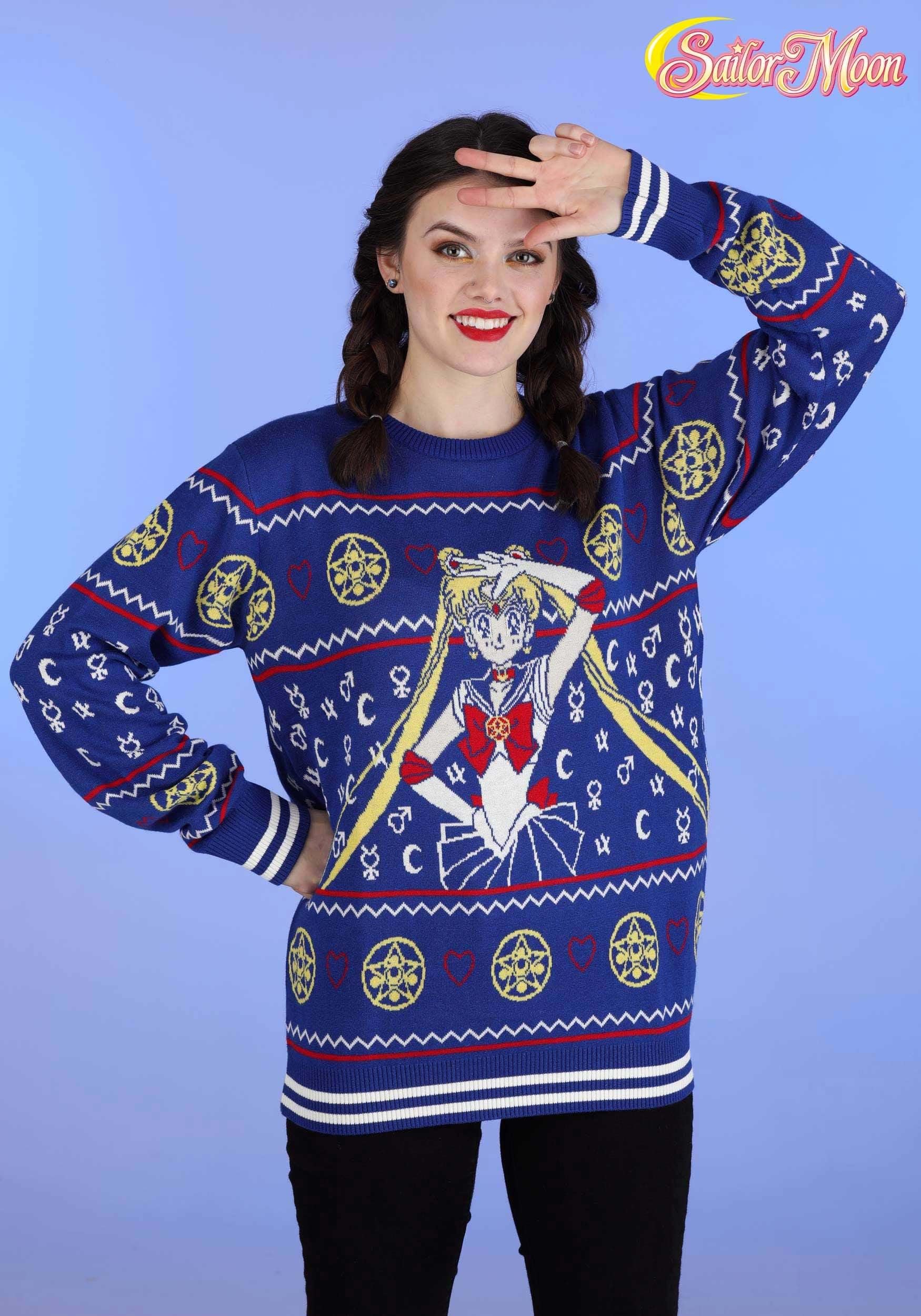 Sailor Moon Ugly Christmas Sweater for Adults - Japanese Anime Holiday Crewneck Sweatshirt - Festive Xmas Pullover for Anime Fans & Holiday Parties