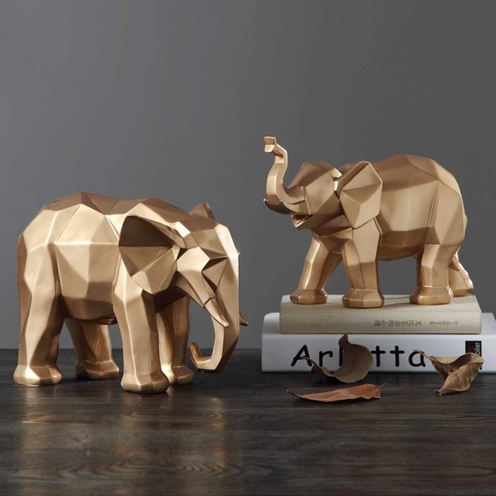 Modern 2Pcs Resin Gold Geometric Elephant Statues - Elegant Home Decor Sculptures for Living Room, Office Desk, Bookshelf | Animal Shaped Figurines & Unique Gift Ideas for Housewarming, Wedding, Birthday