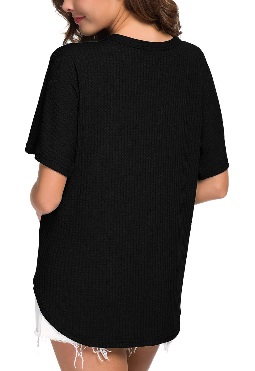 IWOLLENCE Women's Waffle Knit Tunic Blouse - Tie Knot Short Sleeve Henley Top, Loose Fit Batwing Shirt for Casual Wear, Office & Date Night Outfits