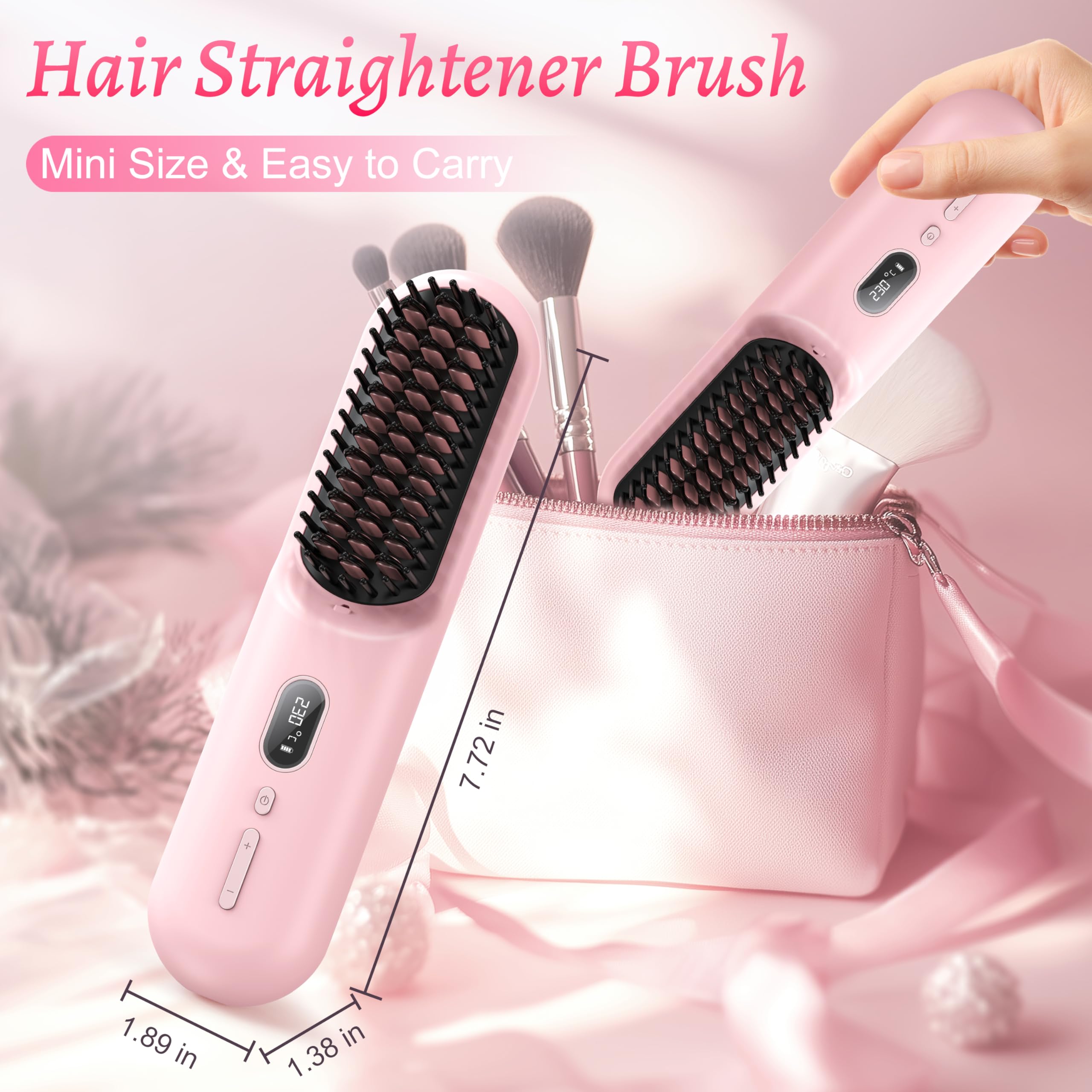 Cordless Hair Straightener Brush with LCD Temperature Display - Tourmaline Heated Styling Tool, 360° Heat Protection, Includes 2 Hair Clips & Travel Pouch | Perfect for Travel, Home & Salon Use - Pink