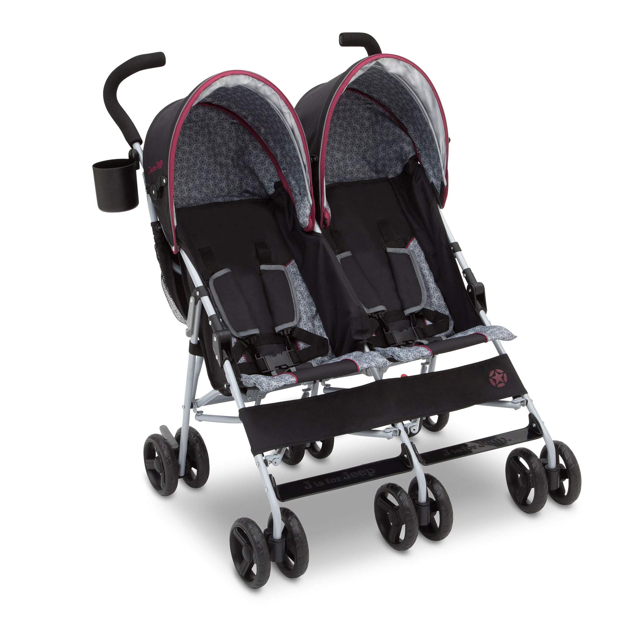 Jeep Scout Double Stroller for Toddlers - Lightweight Side by Side Baby Stroller with Canopy & Storage Basket, Lunar Burgundy - Perfect for Twins, Siblings or Daycare Use at Parks, Malls & Outdoor Adventures