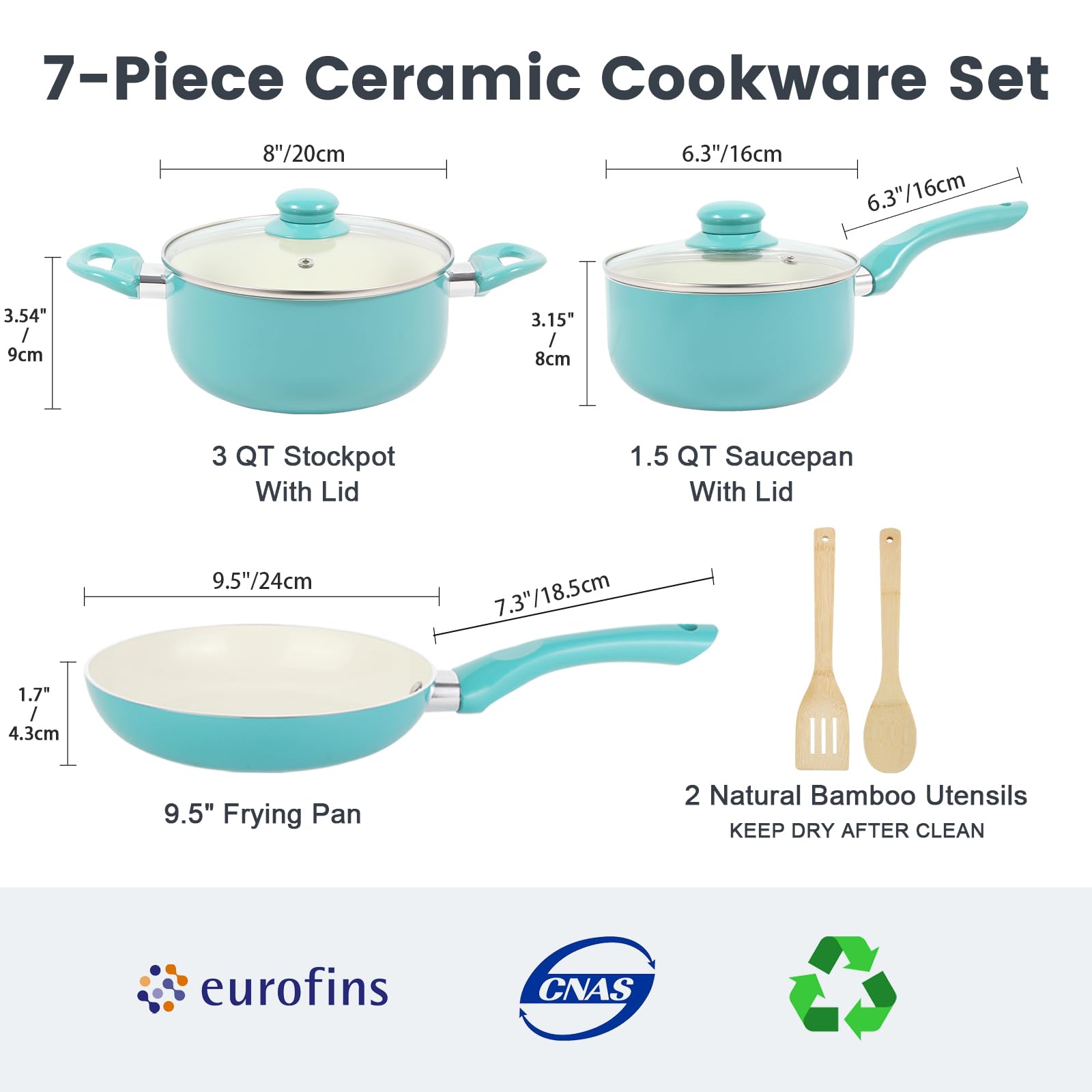 7-Piece Nonstick Ceramic Cookware Set - Induction Compatible Pots and Pans with Stay-Cool Handles, PFOA Free, Turquoise - Perfect for Everyday Cooking, Frying & Sauteing in Modern Kitchens