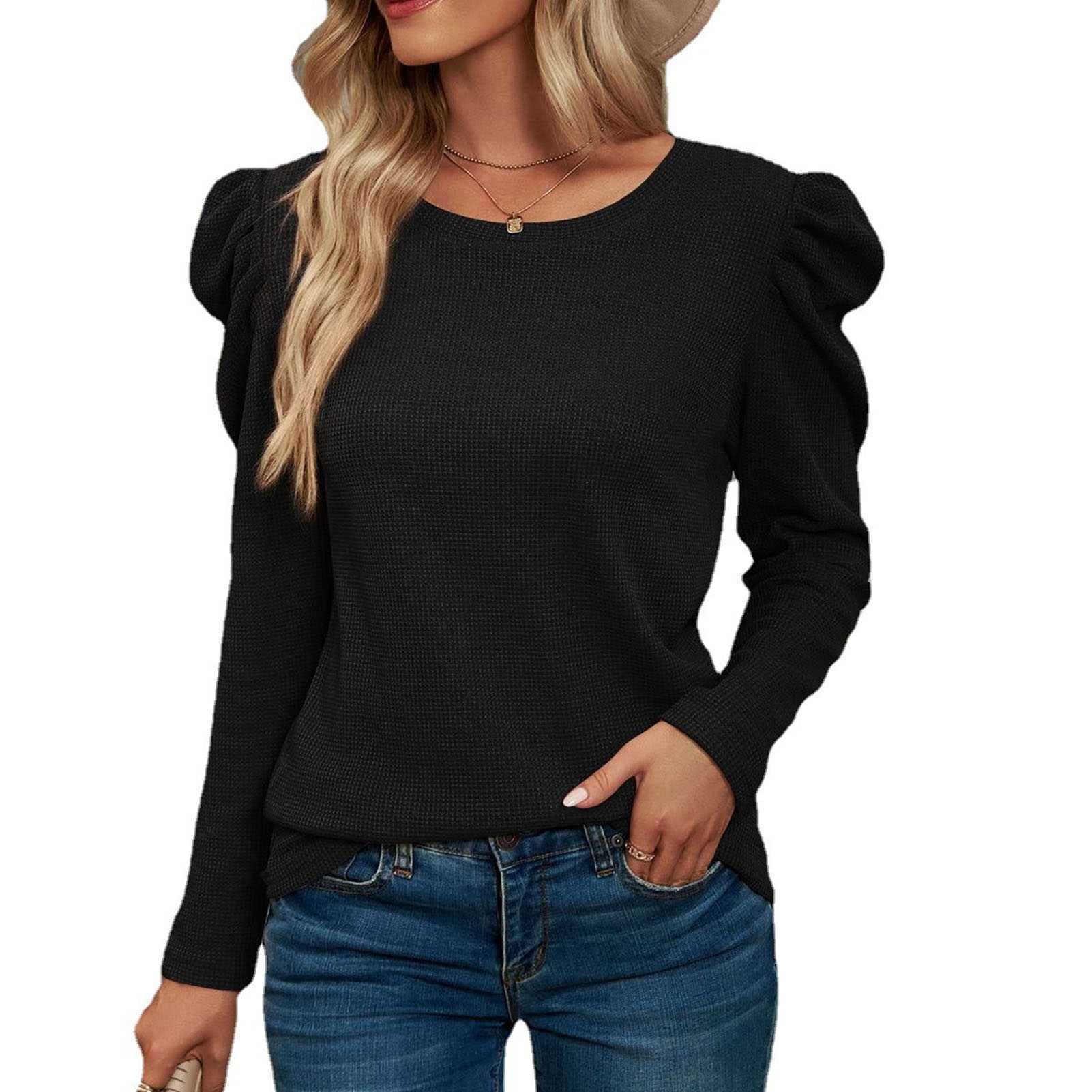 HAWFHH Women's Long Sleeve Waffle Knit Tunic Top - Ruched Crew Neck Casual Shirt & Thin Basic Sweatshirt | Perfect for Fall Layering, Office Wear & Weekend Outfits