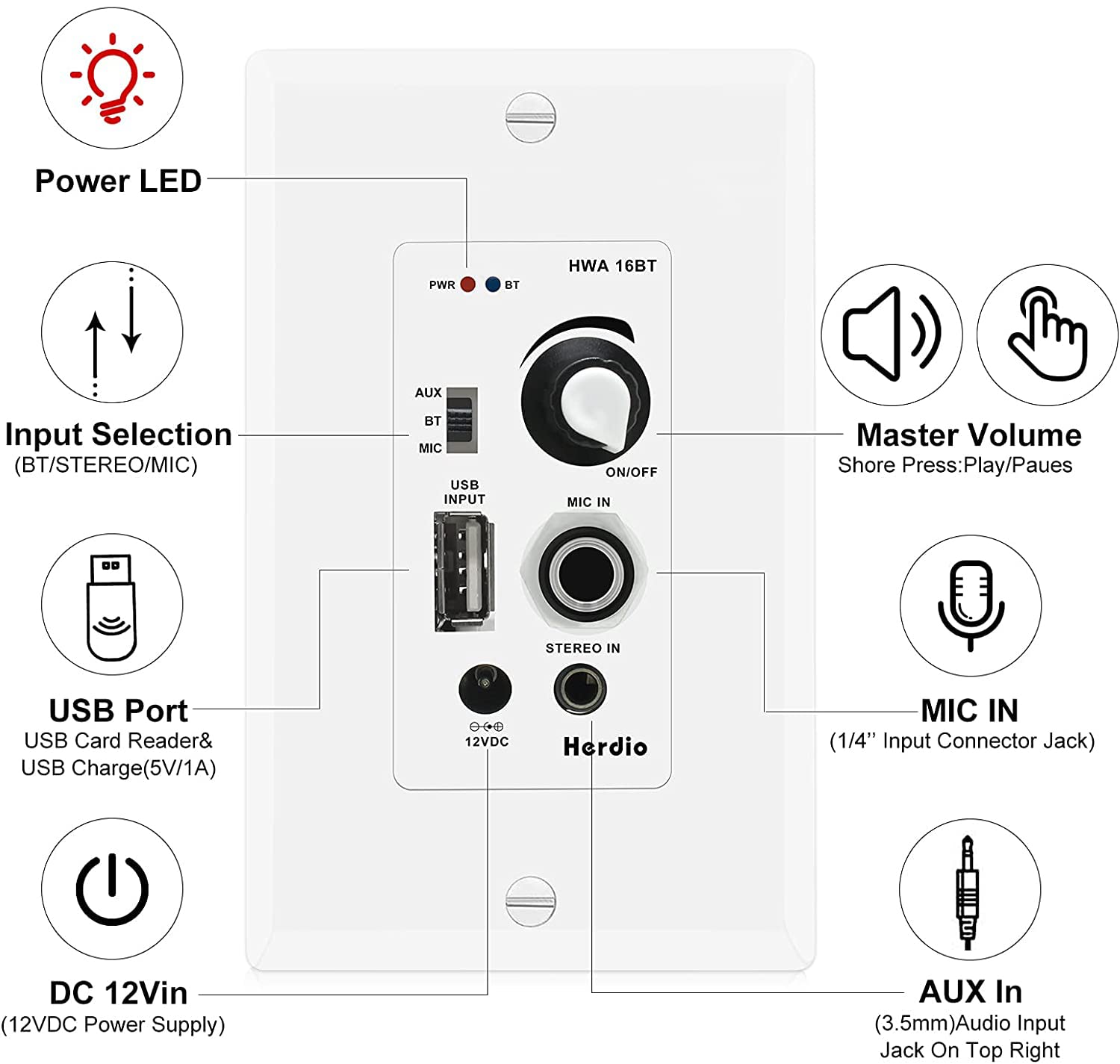 Herdio 6.5 Inch 300W Bluetooth Ceiling Speakers (Pair) - Flush Mount In-Wall Amplifier Receiver for Home Theater, Indoor & Covered Outdoor Use - Perfect for Living Room, Bedroom, Patio and Porch Audio System