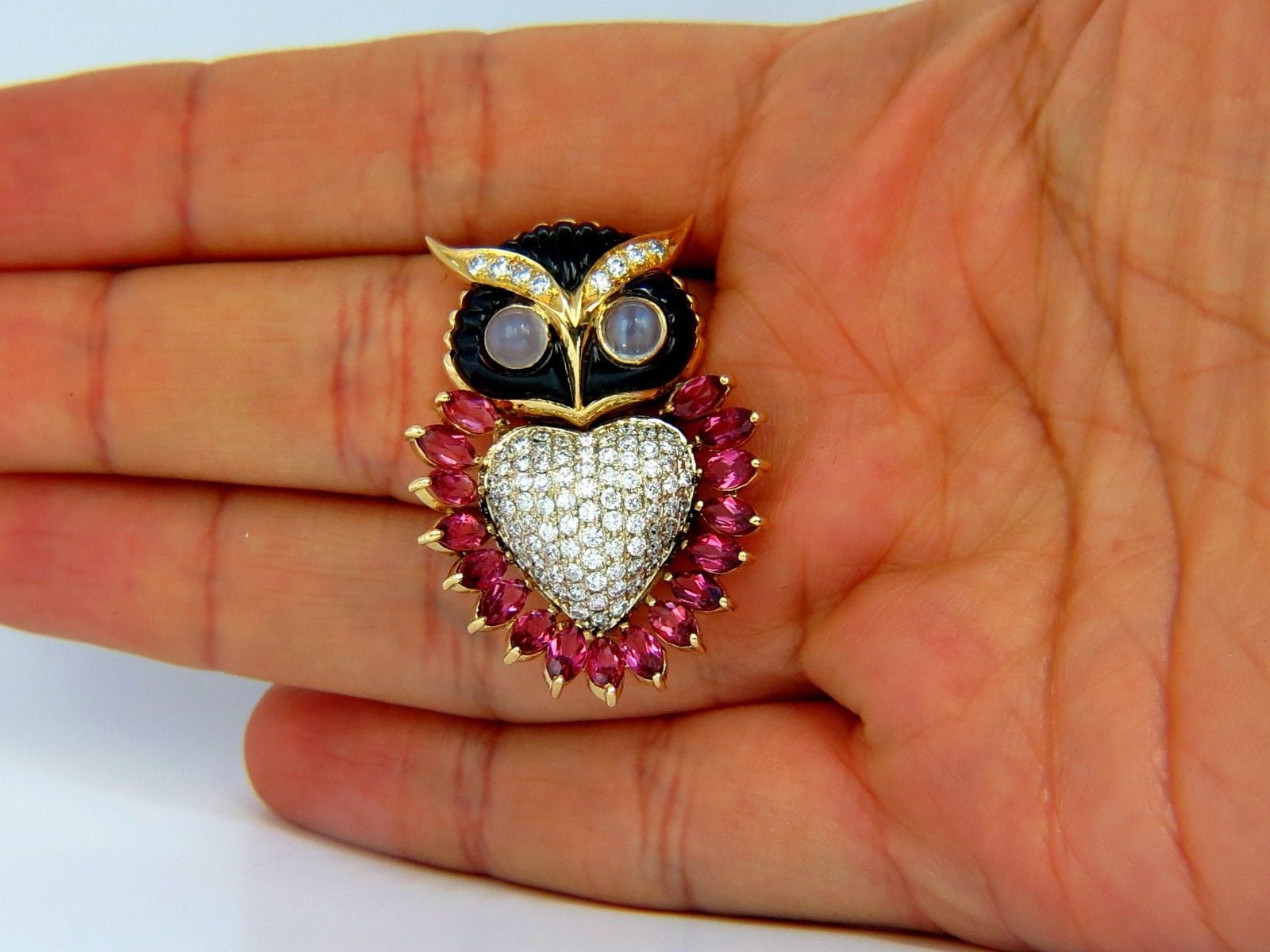 3.90CT Natural Tourmaline Diamonds Moonstone Black Onyx 3D Owl Brooch Pin 18KT Gold - Elegant Jewelry Gift for Women, Perfect for Weddings, Parties & Special Occasions