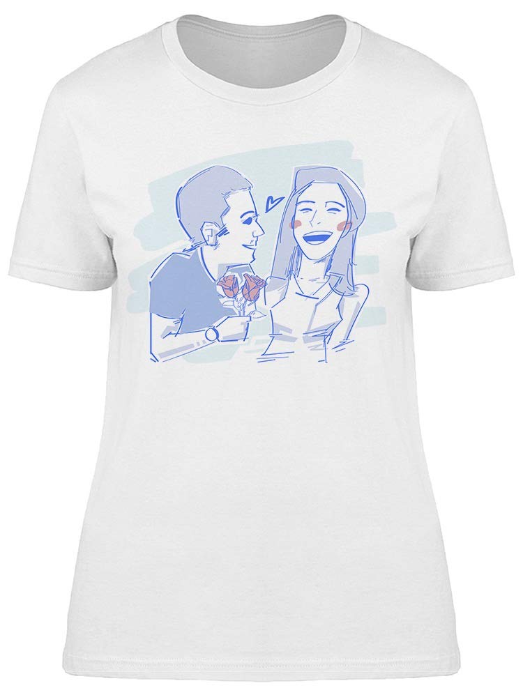 Smartprints Women's 'Man Gives Rose To Girlfriend' Graphic T-Shirt - Cute Couple Gift, Valentine's Day Present, Anniversary Outfit Idea