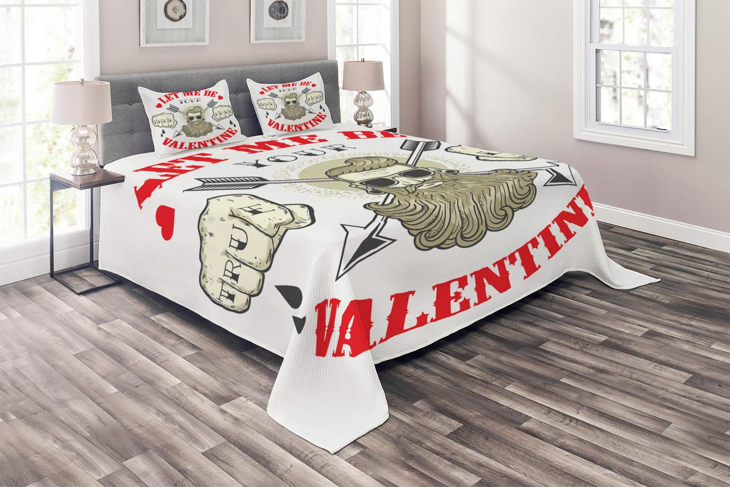 Ambesonne Crazy Coverlet - 3 Piece Decorative Quilted Bedspread Set with 2 Pillow Shams, King Size, Valentine's Day Theme with True Love Message & Beard Man Portrait in Vermilion Cream Eggshell Colors - Perfect for Romantic Bedroom Decor, Anniversary Gift or Couples Valentine's Day Present