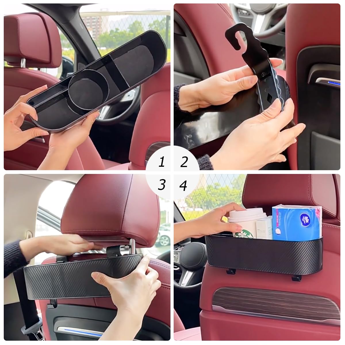 BELOMI Car Backseat Organizer with Cup Holder & Hooks - Travel Storage for Snacks, Phones & Drinks (Black)