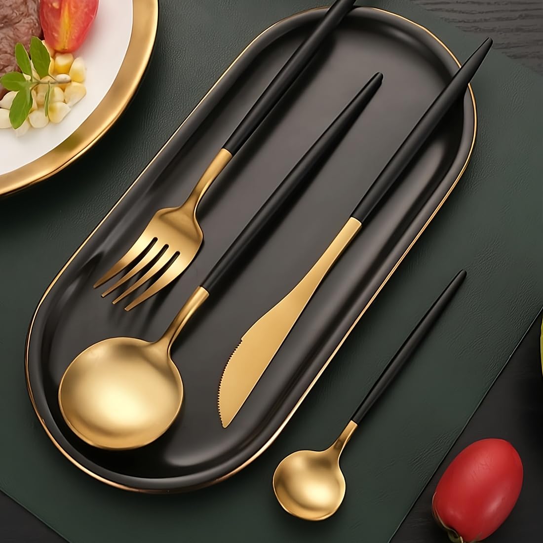 Premium BonZeaL 24-Piece Black Gold Cutlery Set for 6 - Mirror Finish Stainless Steel Flatware Set - Elegant Housewarming Gift for New Home, Hotel, Cafe, Bar & Restaurant - Perfect for Weddings, Dinner Parties & Formal Dining