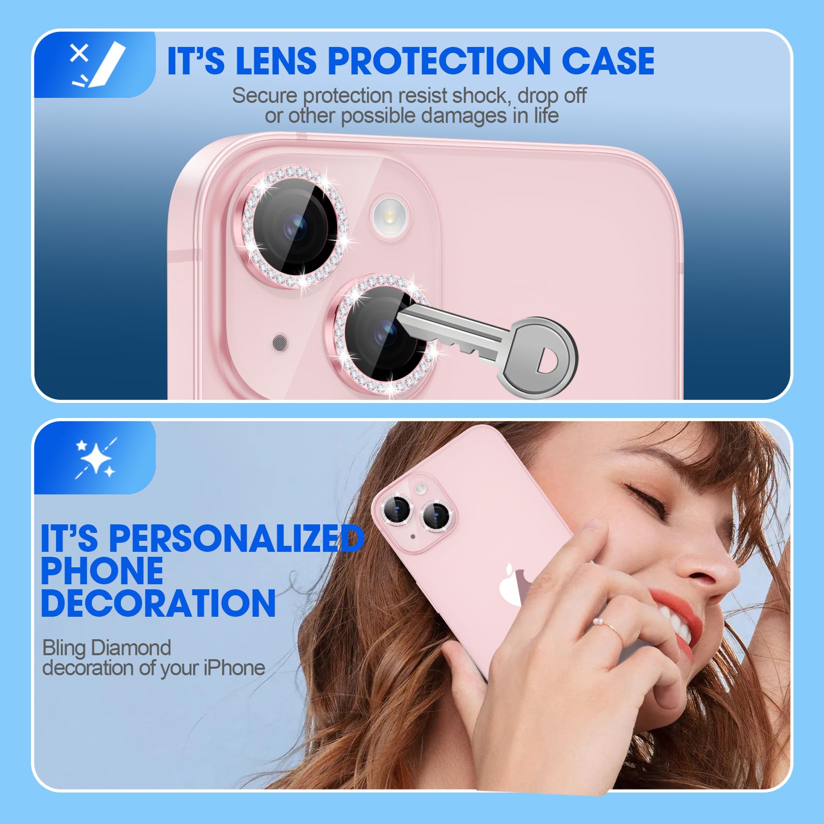Xfilm iPhone 15/15 Plus Camera Lens Protector - 9H Hardness Scratchproof Metal Diamond Ring Cover | Stylish Bling Accessory | Case Friendly (Pink Diamond) | Perfect for Daily Use, Travel & Photography Protection