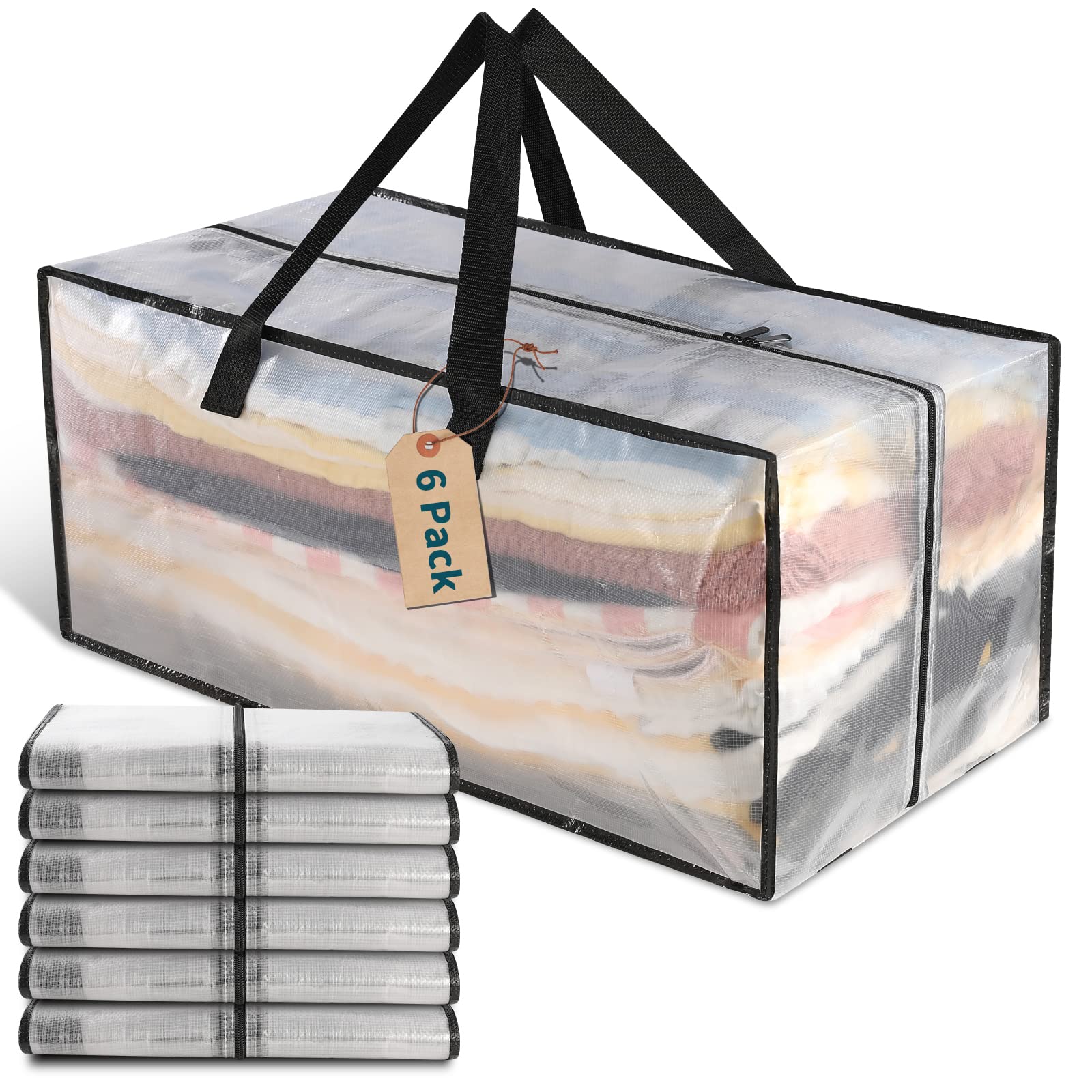 Uhogo 6-Pack Clear Heavy Duty Extra Large Moving Bags with Handles & Backpack Straps - Waterproof Storage Bags for Clothes, Blankets, Seasonal Items - Space Saving Foldable Travel Organizer for Moving, College Dorm, Home Organization