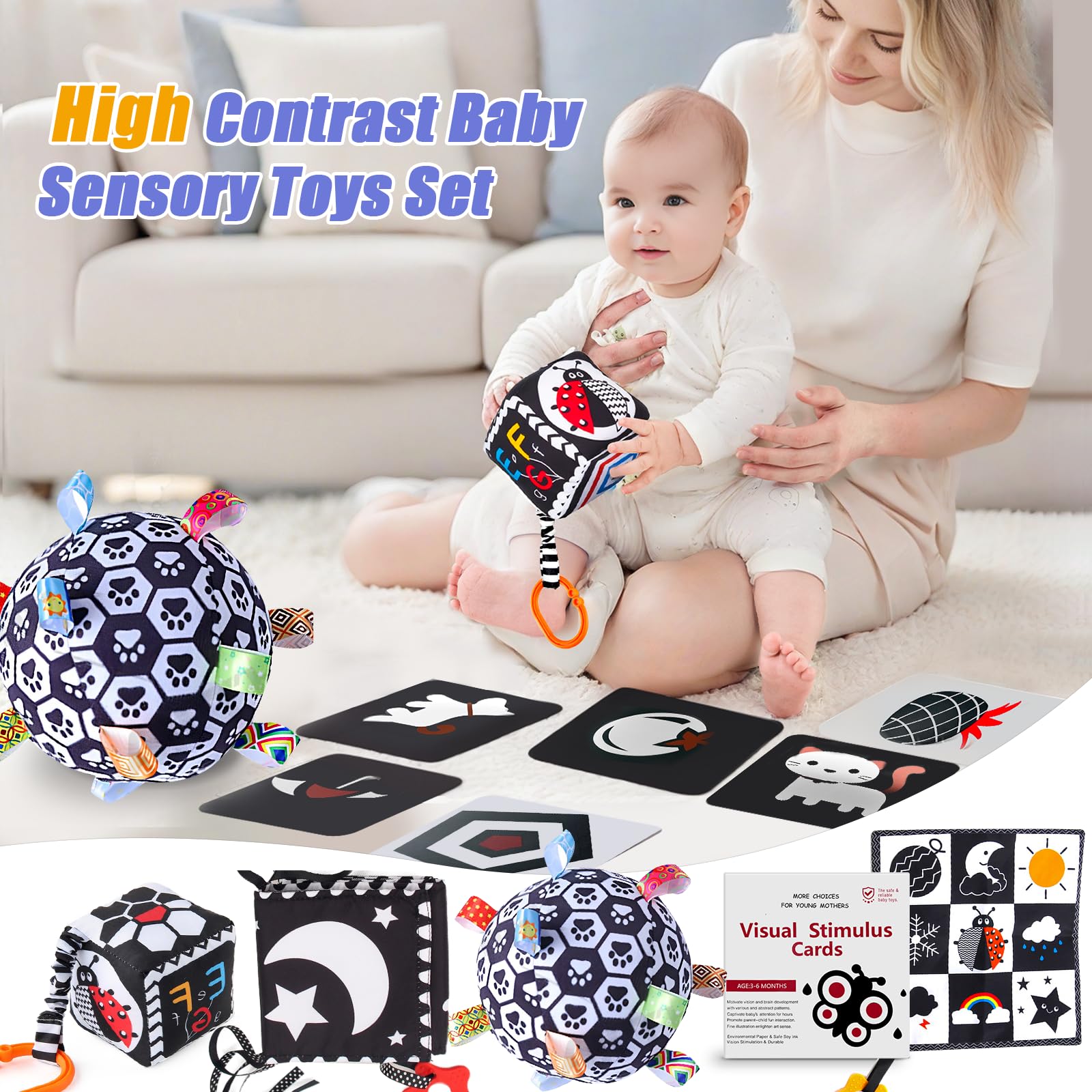 High Contrast Black and White Baby Toys for Newborns 0-12 Months - Montessori Sensory Toys for Brain Development & Tummy Time - Perfect Visual Stimulation Gift for Infants 3-6 Months (Ideal for Nursery, Daycare & Early Learning Playtime)