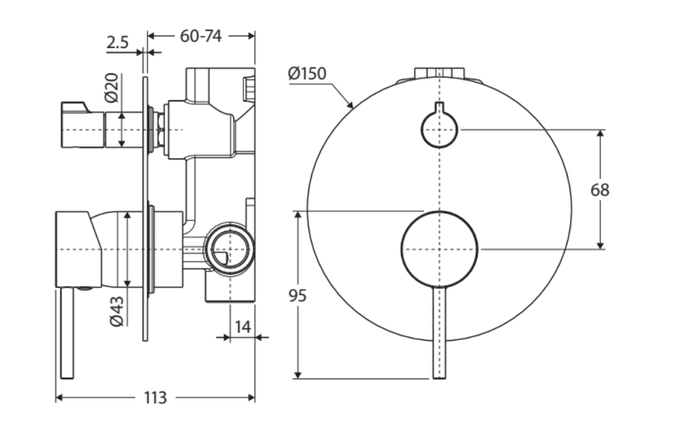 Fienza Kaya Large Round Plate Wall Diverter Mixer in Chrome - Modern Bathroom Faucet for Sink, Shower, and Bathtub Installation