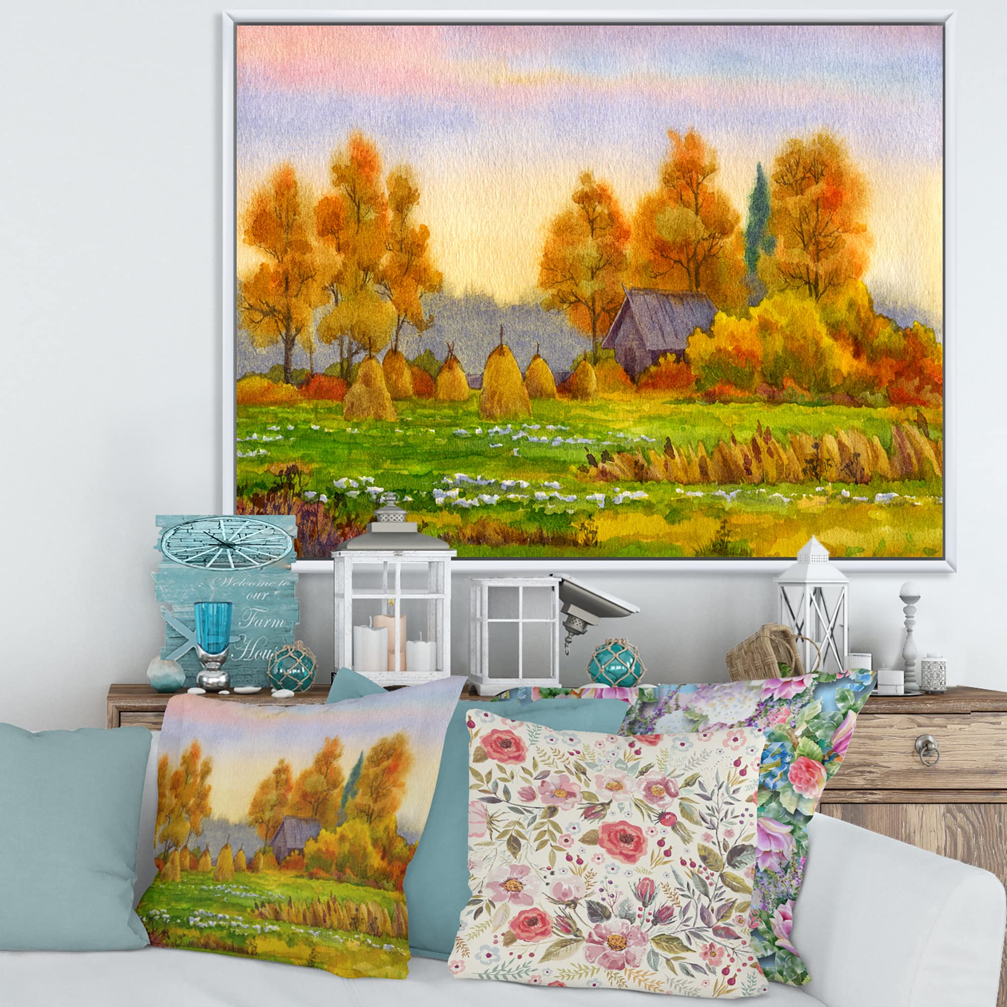 Haystacks on Orange Fields I - Lake House Framed Canvas Wall Art Print for Living Room, Bedroom & Office Decor | Farmhouse Landscape Painting
