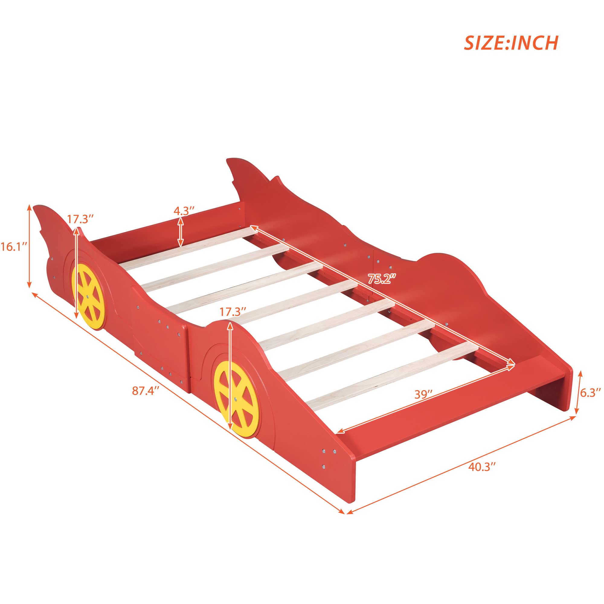 P PURLOVE Twin Size Race Car-Shaped Platform Bed with Wheels & Slats - Sturdy Wood Floor Bed Frame for Kids, Boys & Girls - Perfect for Bedrooms, Playrooms & Themed Kids' Rooms