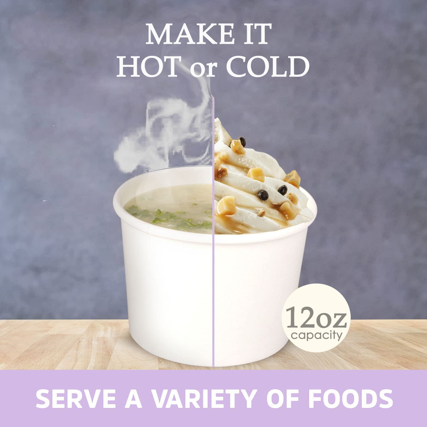 50-Pack 12 oz Disposable White Ice Cream Cups with Lids - Medium Hot & Cold Paper Food Containers for Takeout, Desserts, Parties, and Catering