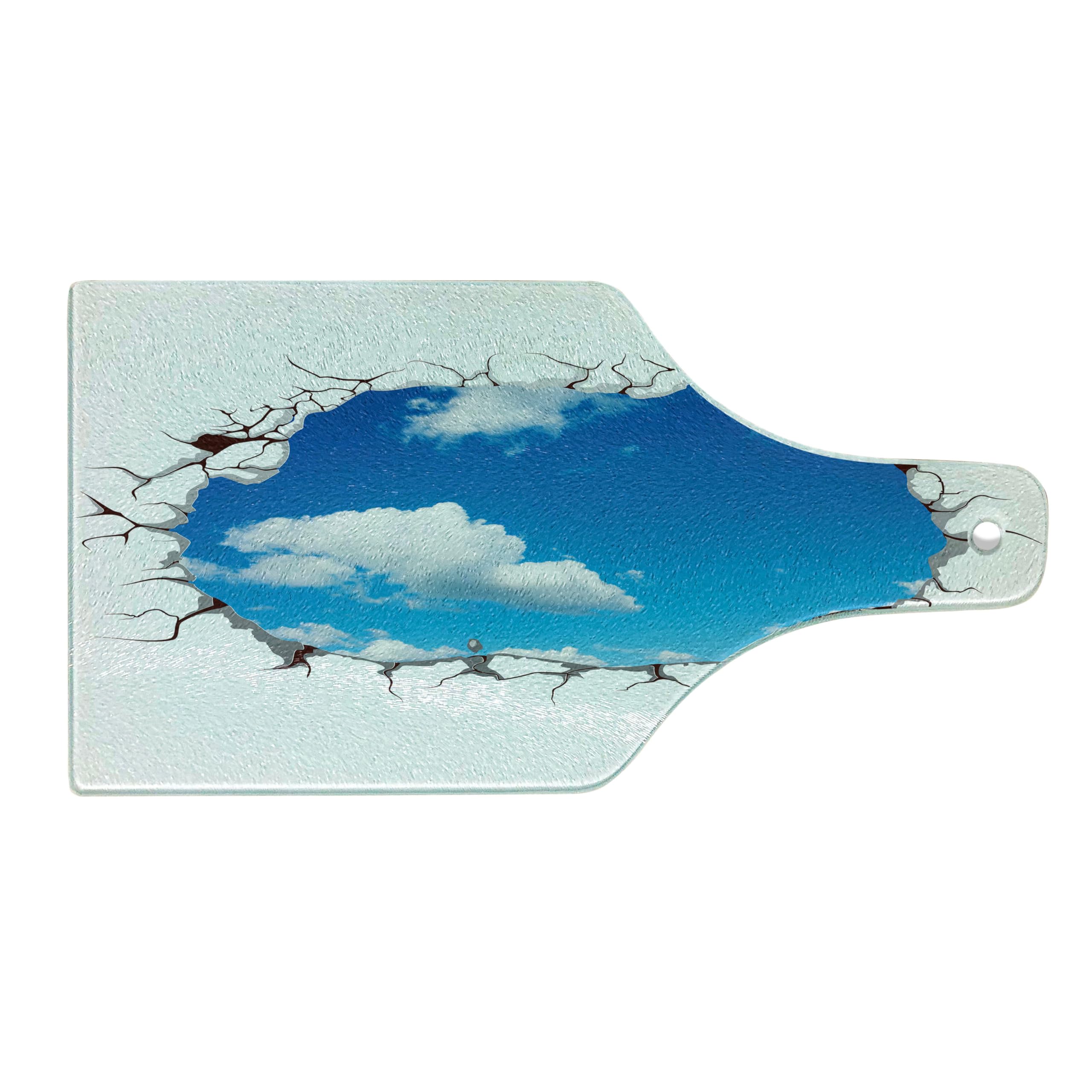 Ambesonne Sky Cutting Board - Summer Sky with Fluffy Clouds, Cracked Look Modern Art Design - Tempered Glass Serving Board for Cheese, Charcuterie & Wine - White & Blue Decorative Kitchen Accessory - Perfect for Entertaining, Gifts & Home Decor