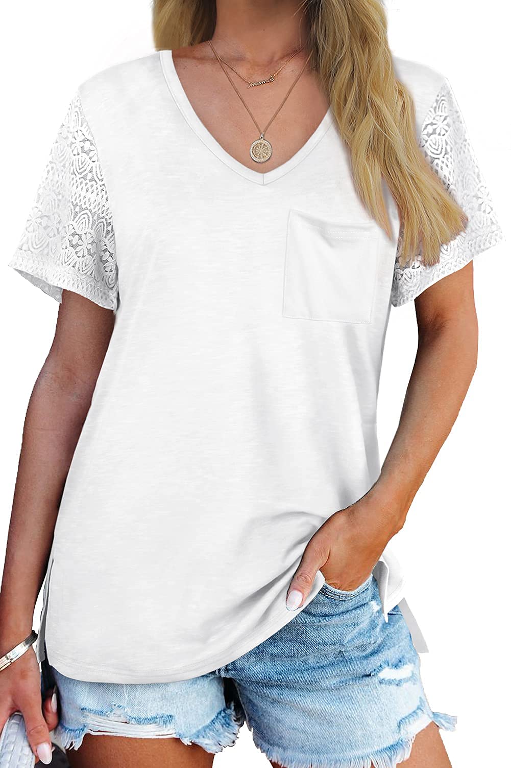 JULYCLO Women's Summer V-Neck Lace Sleeve T-Shirt - Breathable Casual Blouse for Outdoor Activities & Date Nights