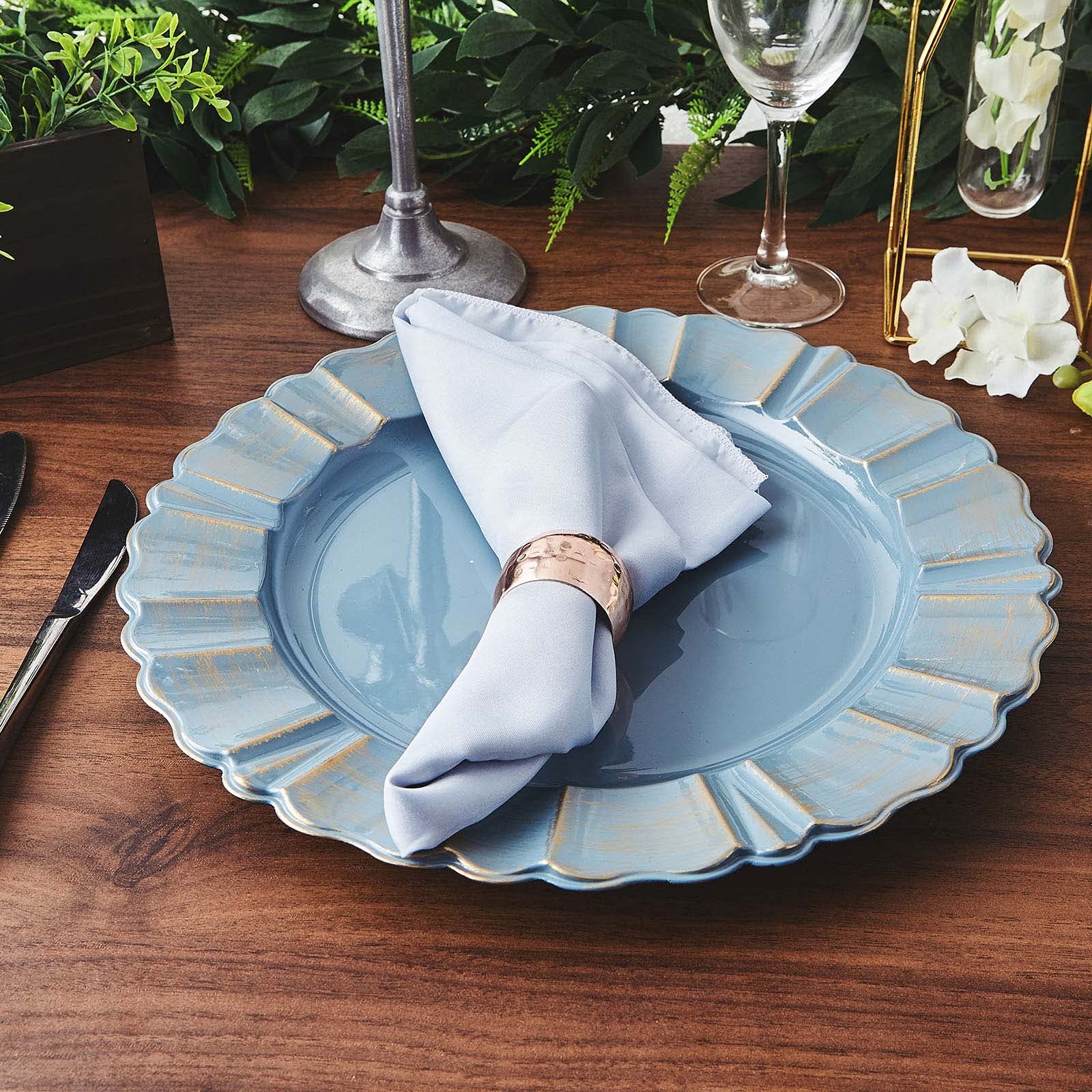 Set of 6 - 13 Inch Round Charger Plates with Wavy Scalloped Edge for Weddings, Parties & Formal Dining - Elegant Dusty Blue Tableware Decor