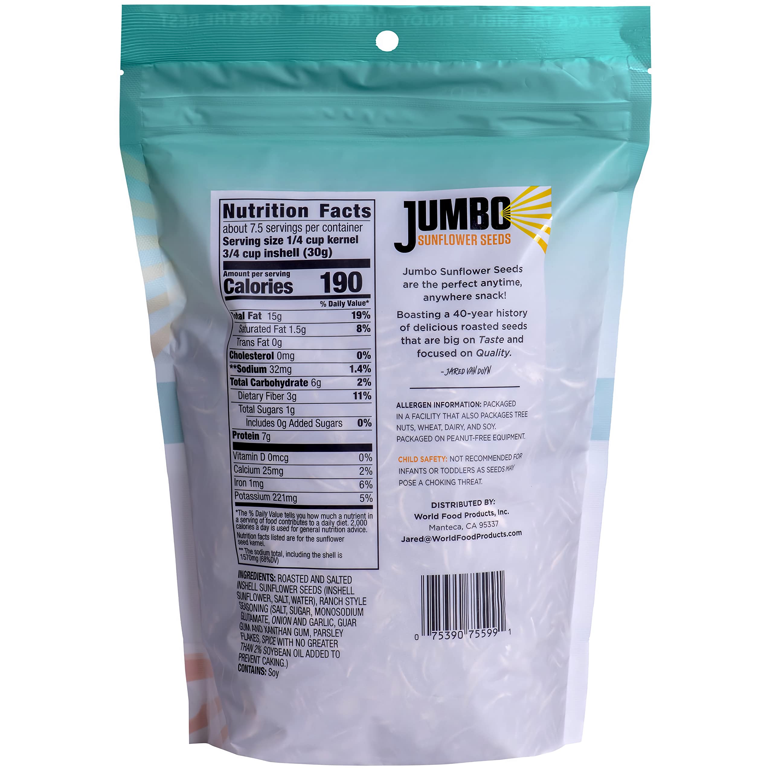 Jumbo Sunflower Seeds Double Bundle - 6 Original & 6 Ranch Flavored - Healthy Snacks for Road Trips, Office, and Outdoor Activities