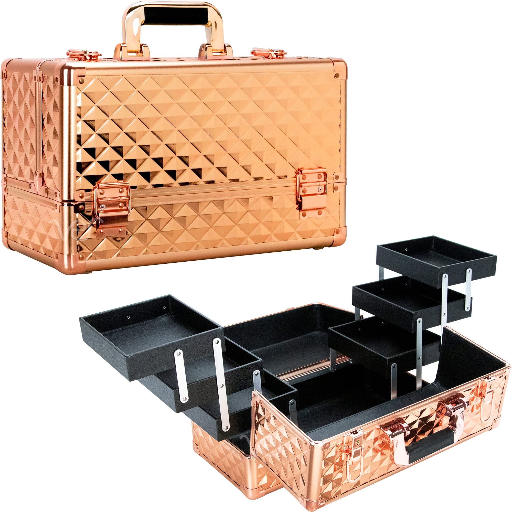 Ver Beauty 6-Tier Lockable Makeup Organizer - Portable Cosmetic Storage Box with Aluminum Case | Travel Makeup Kit for Artists | Lightweight Vanity Train Case in Rose Gold Glitter | Perfect for Salon, Home Use & Professional Makeup Artists