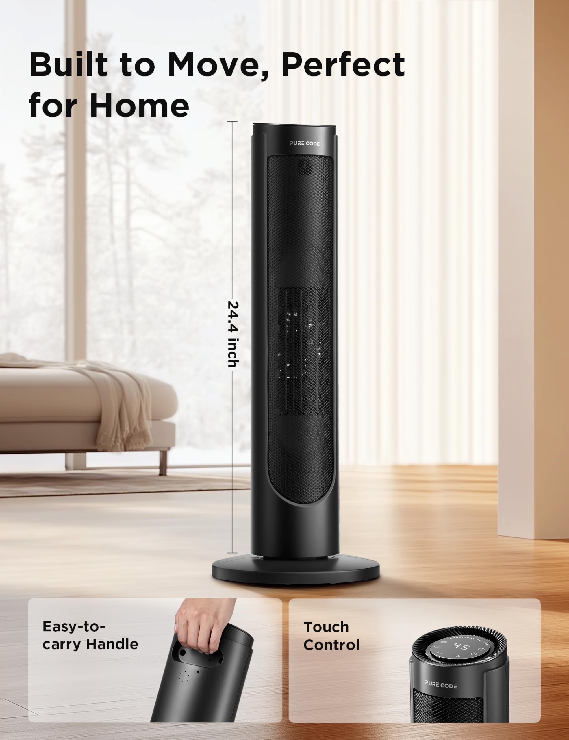 PURE CODE Space Heater - 1500W Portable Electric Heater with Voice & Remote Control, PTC Ceramic Fast Heating, 3 Modes & 12H Timer, Overheat & Tip-Over Protection for Indoor Use - Perfect for Office, Bedroom, Home & Small Spaces