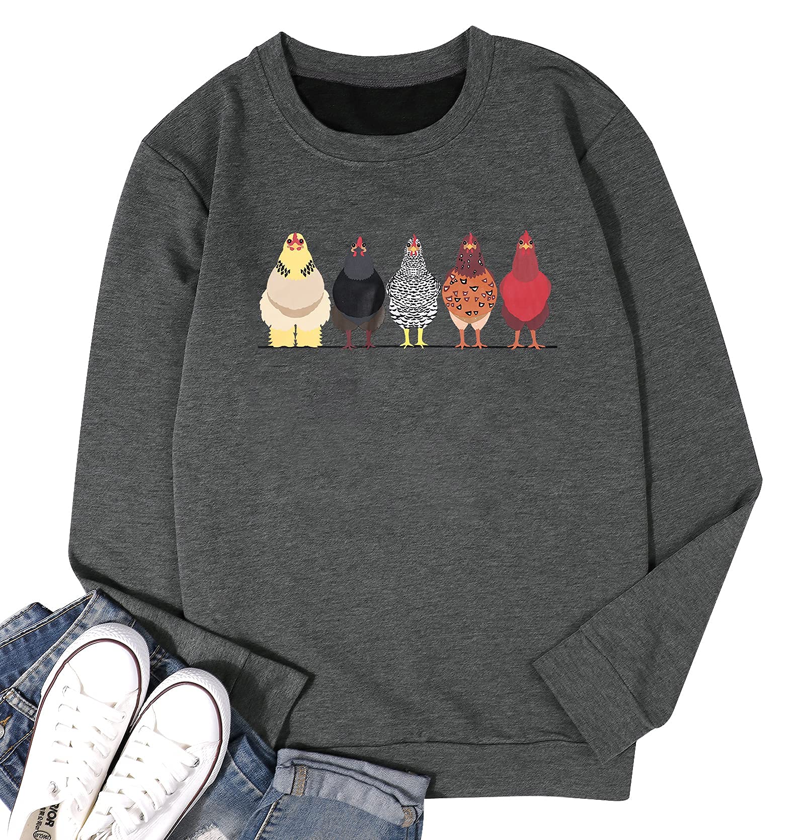 VILOVE Women's Cute Chicken Graphic Sweatshirt - Long Sleeve Crewneck Pullover for Casual Fall Outfits | Perfect for Autumn Layering, Weekend Wear & Cozy Loungewear