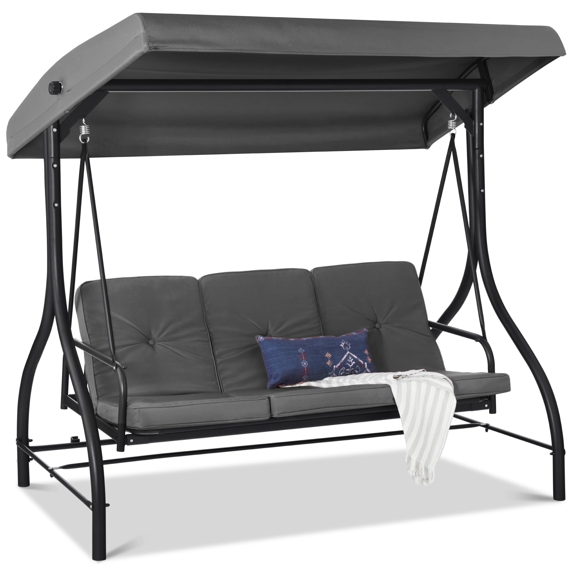 Best Choice Products 3-Seat Outdoor Canopy Swing Glider with Adjustable Shade & Removable Cushions - Gray Patio Hammock Lounge Chair for Porch, Backyard, Garden - Perfect for Relaxing, Sunbathing & Outdoor Gatherings