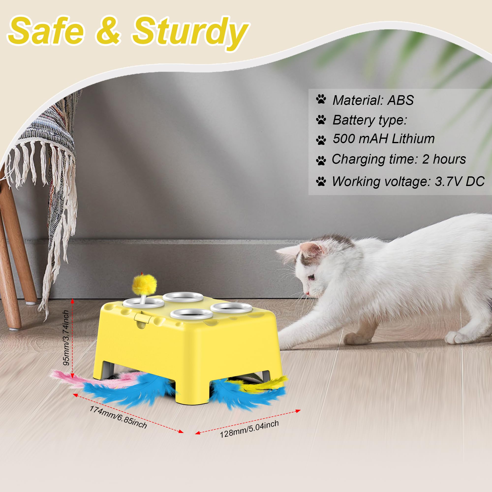 Interactive Cat Toys - 2-in-1 Automatic Cat Toy with Moving Feather & 4 Holes Mice Whack A Mole Game | USB Rechargeable Electronic Kitten Toys for Indoor Play & Exercise | Fun Yellow Cat Toy for Kittens & Adult Cats