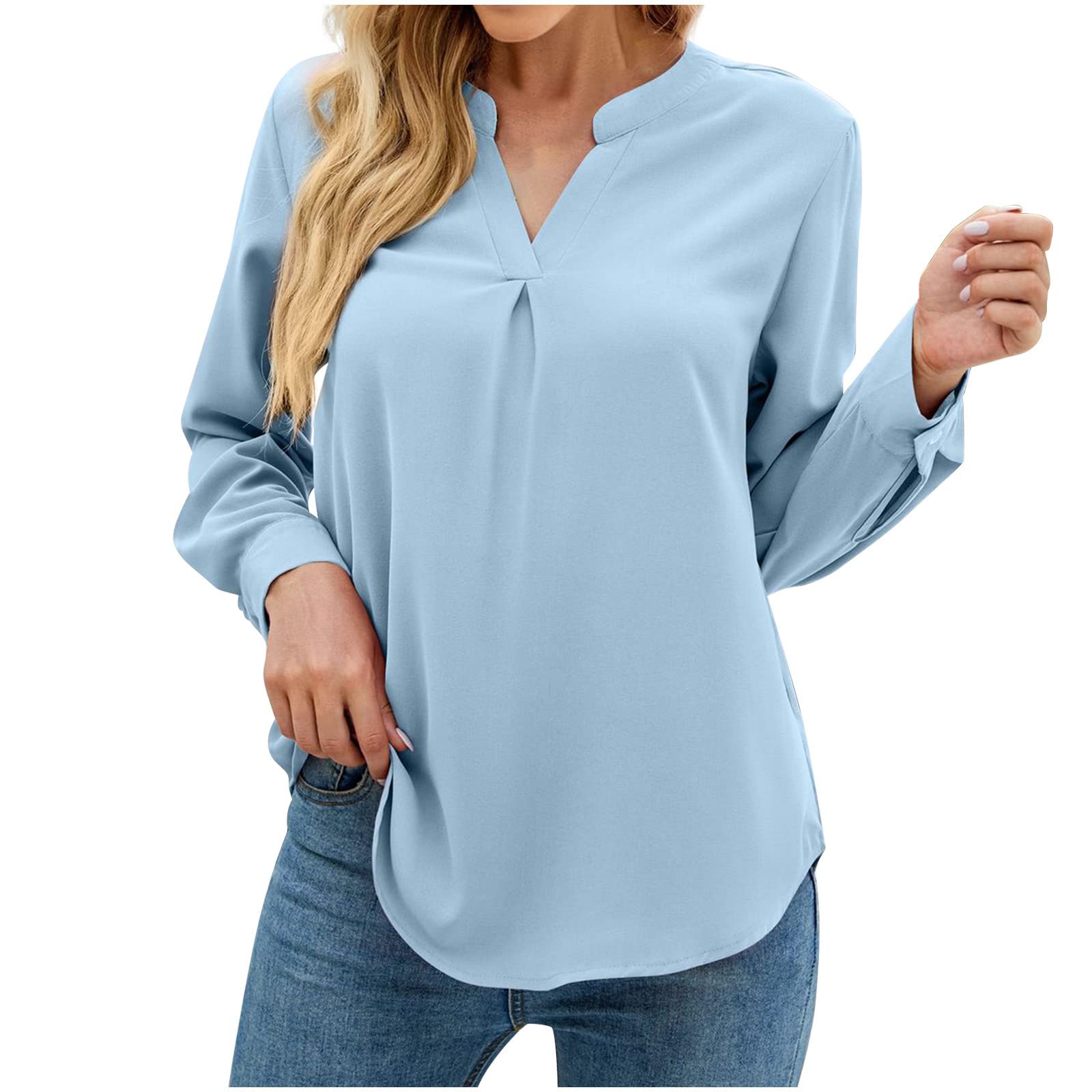 Women's Long Sleeve Pleated Chiffon V-Neck Blouse - 2022 Fall Fashion Work Tops & Casual Tunic Shirts | Perfect for Office Wear, Business Meetings & Weekend Outfits