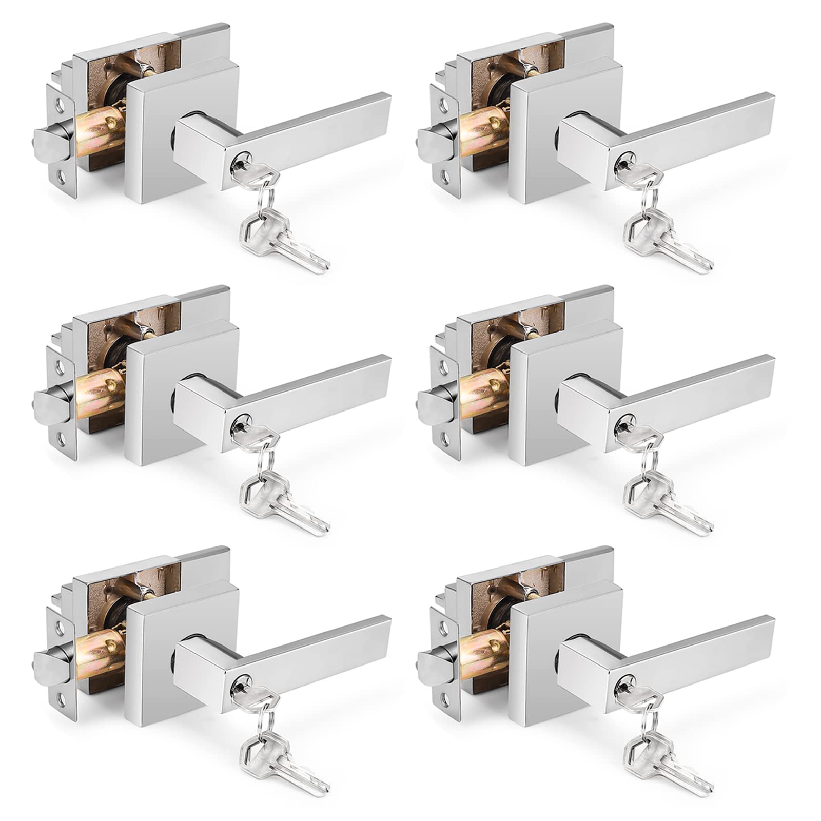 Gobrico 6-Pack Polished Chrome Square Entry Door Levers with Keyed Alike - Modern Exterior & Interior Door Handles for Home, Office, and Commercial Buildings