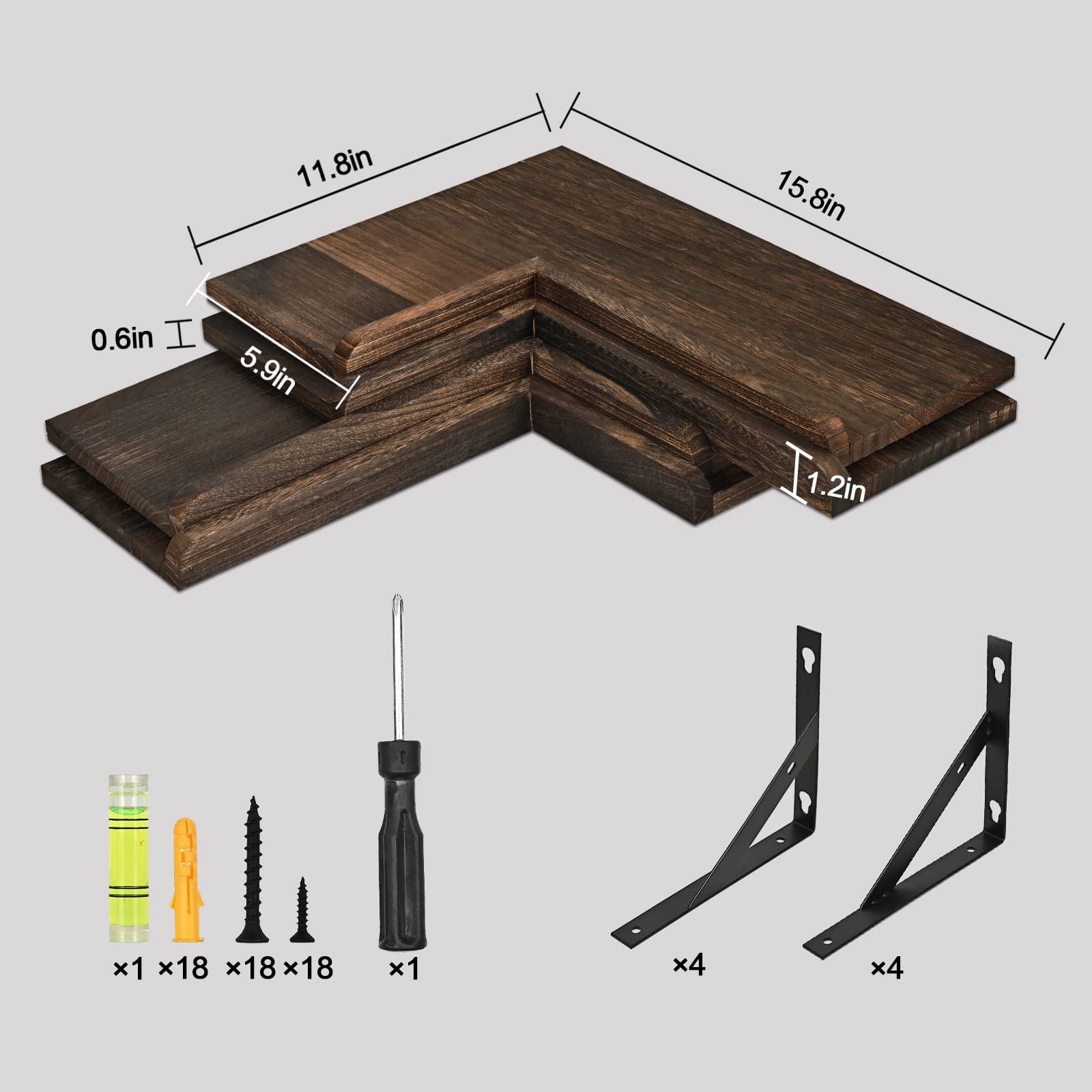 4 Tier Corner Floating Shelves with Protective Lip - Rustic Wooden Wall Mount Storage Shelves for Bathroom, Bedroom, Kitchen & Living Room - Space Saving Corner Shelf Organizer for Home Decor & Display