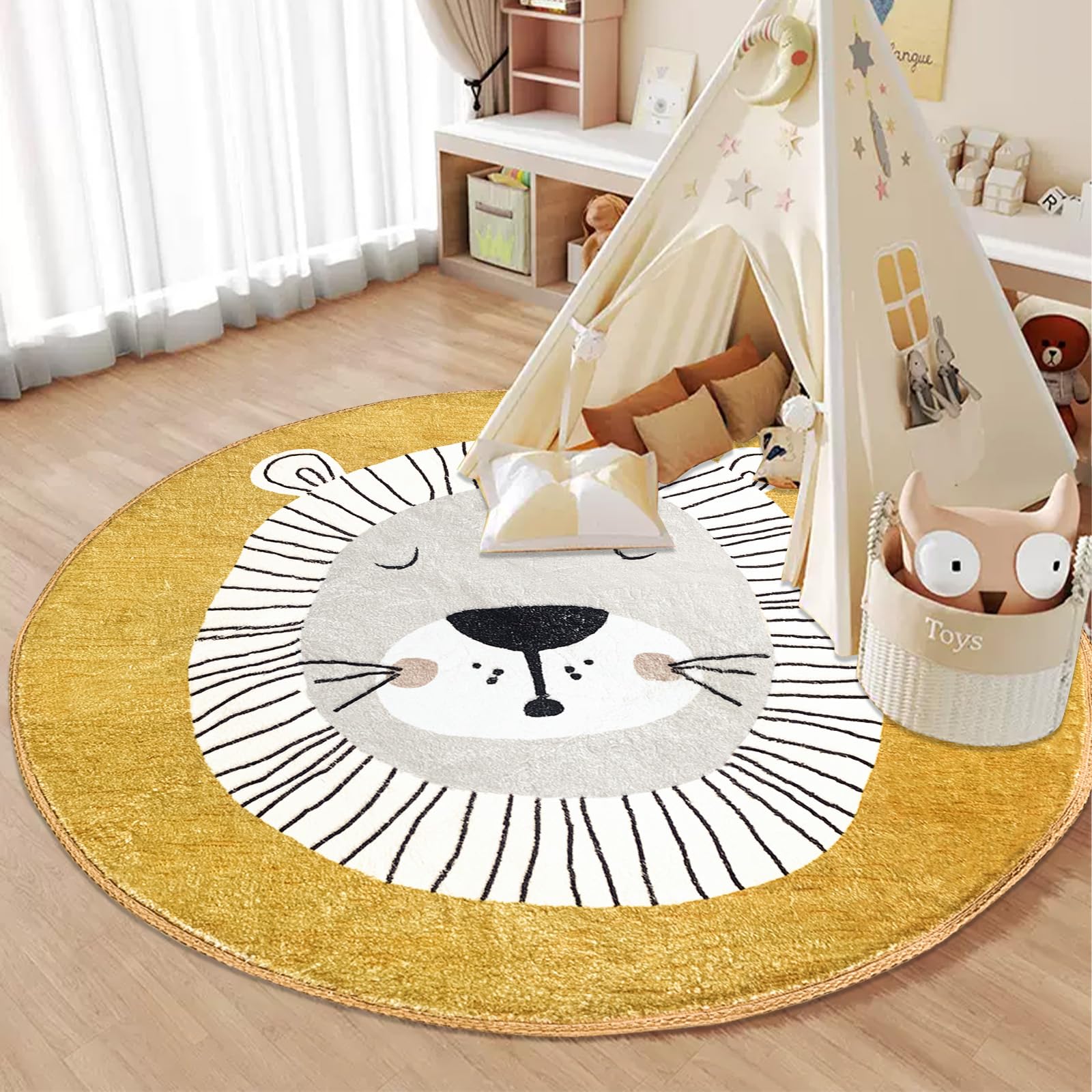USTIDE Lion Round Area Rug - 5.2 Ft Washable Non-Slip Soft Animal Carpet for Kids Room, Nursery, Playroom, Classroom, Dorm & Living Room - Perfect for Play Areas, Bedrooms and Home Decor