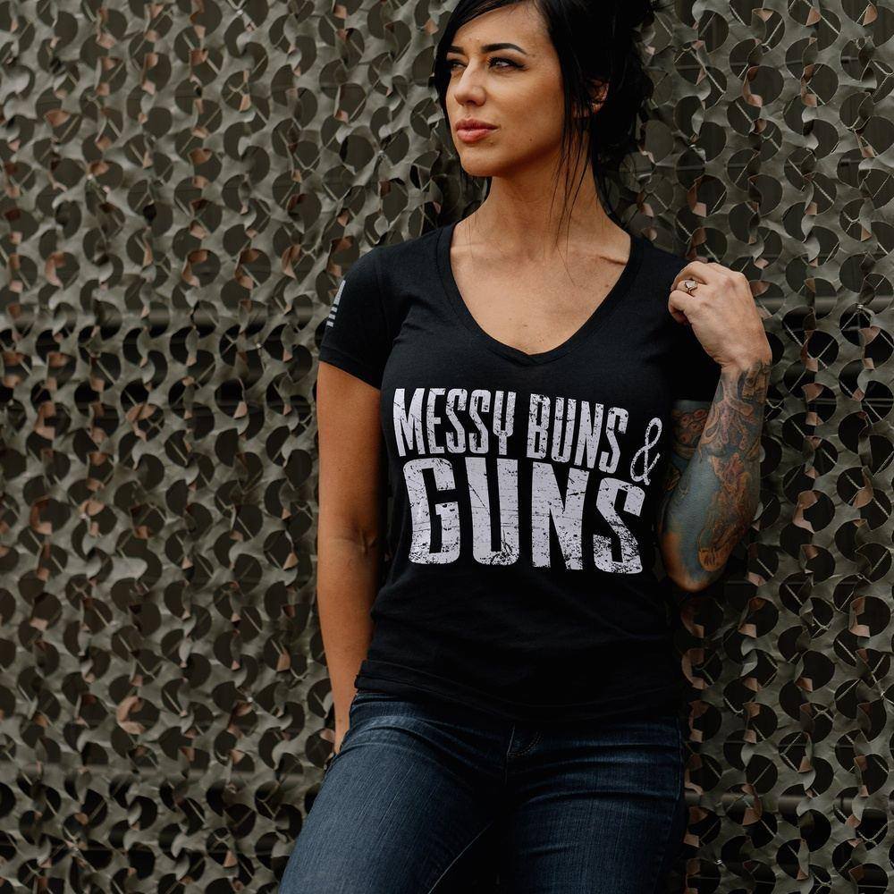 Women's Messy Buns & Guns V-Neck T-Shirt - Black | Soft Cotton Casual Tee for Workout, Gym & Everyday Wear