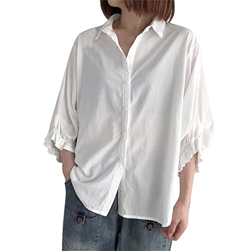 Women's 3/4 Sleeve Pleated Casual Blouse - Solid Button Down T-Shirt Top (Black/White, S/M/L) | Loose Fit Basic Tee for Work, Office & Everyday Wear